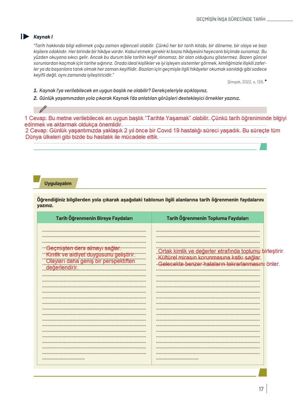 9. Sınıf Meb Yayınları Tarih Ders Kitabı Sayfa 17 Cevapları