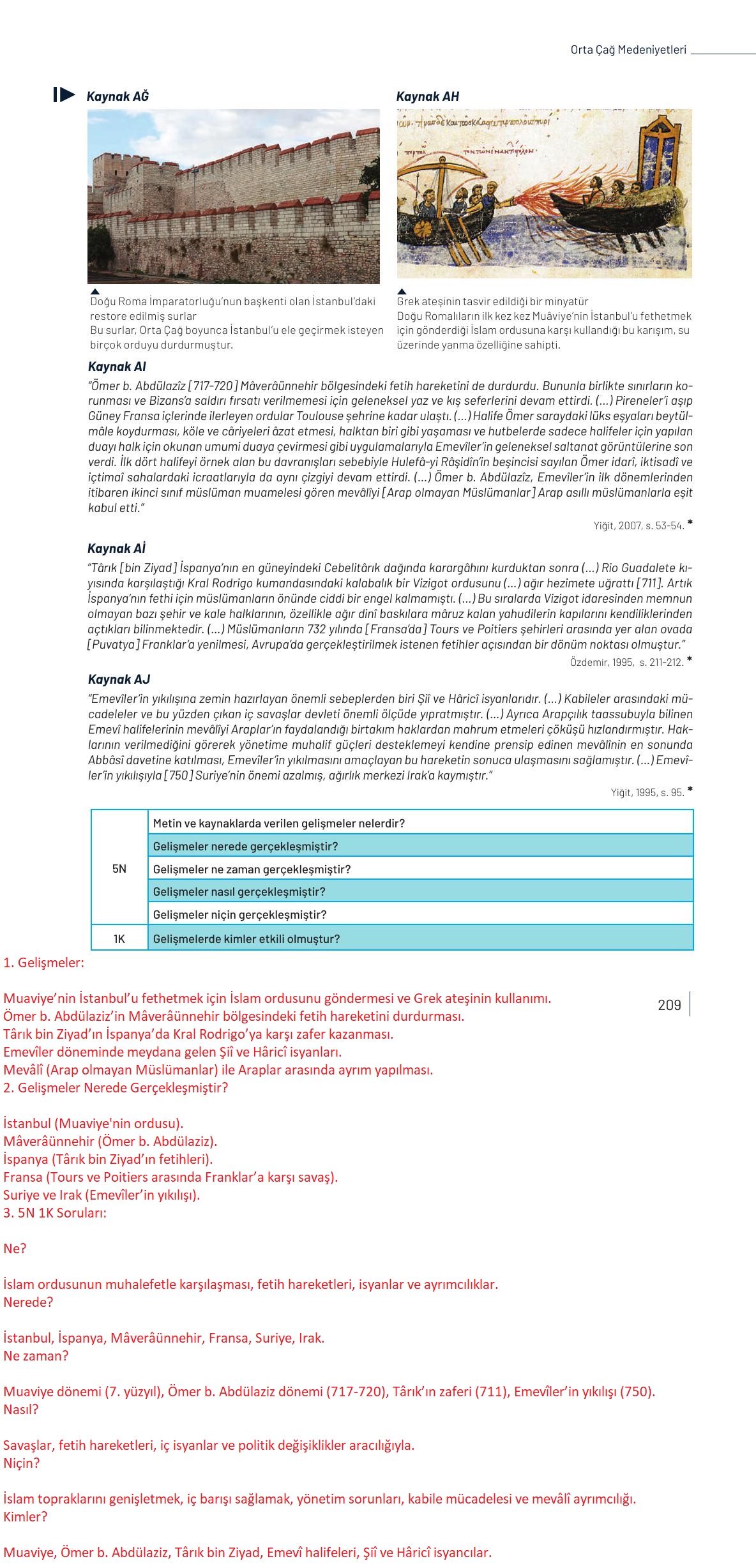 9. Sınıf Meb Yayınları Tarih Ders Kitabı Sayfa 209 Cevapları