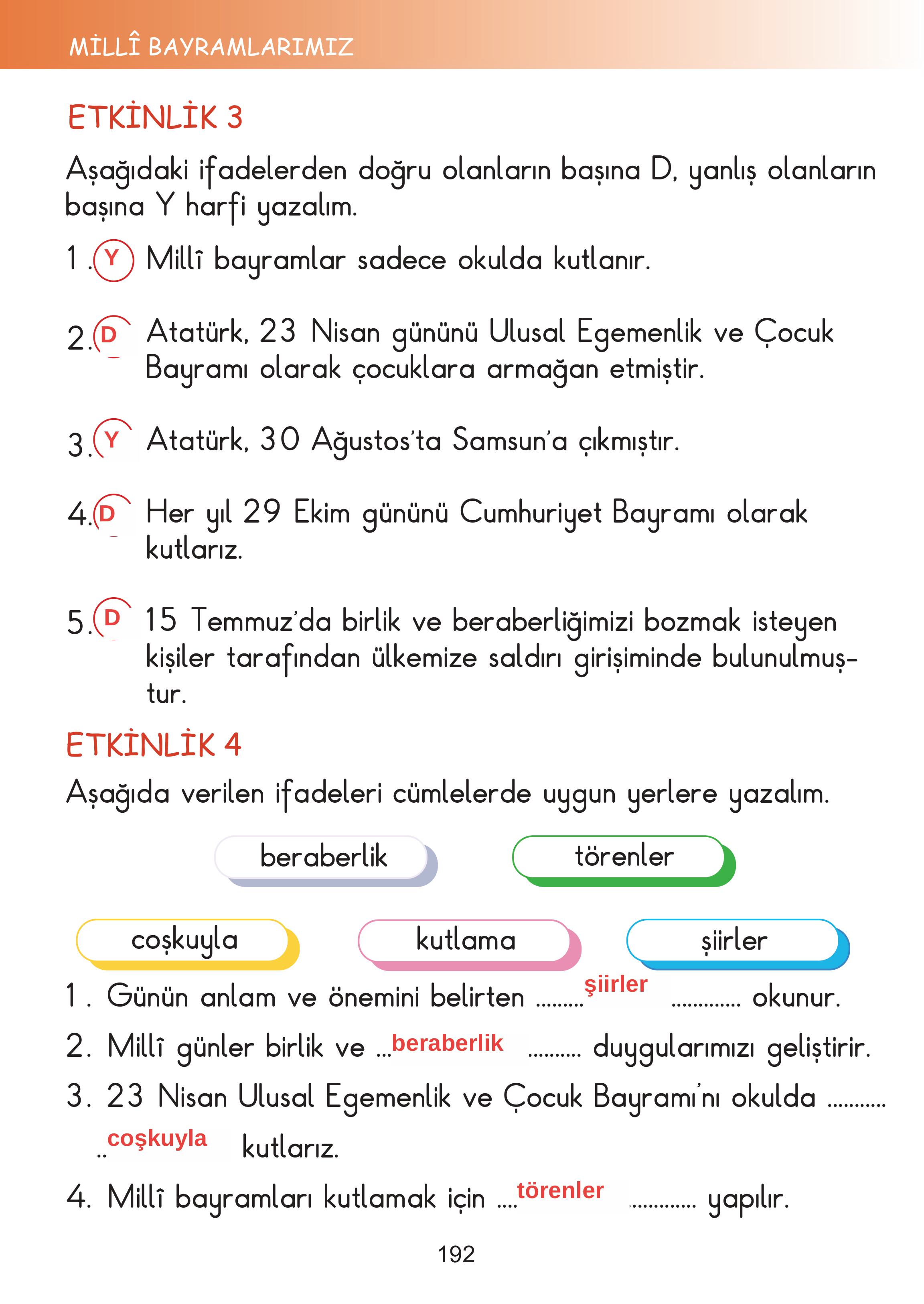 2. Sınıf Meb Yayınları Hayat Bilgisi Ders Kitabı Sayfa 192 Cevapları