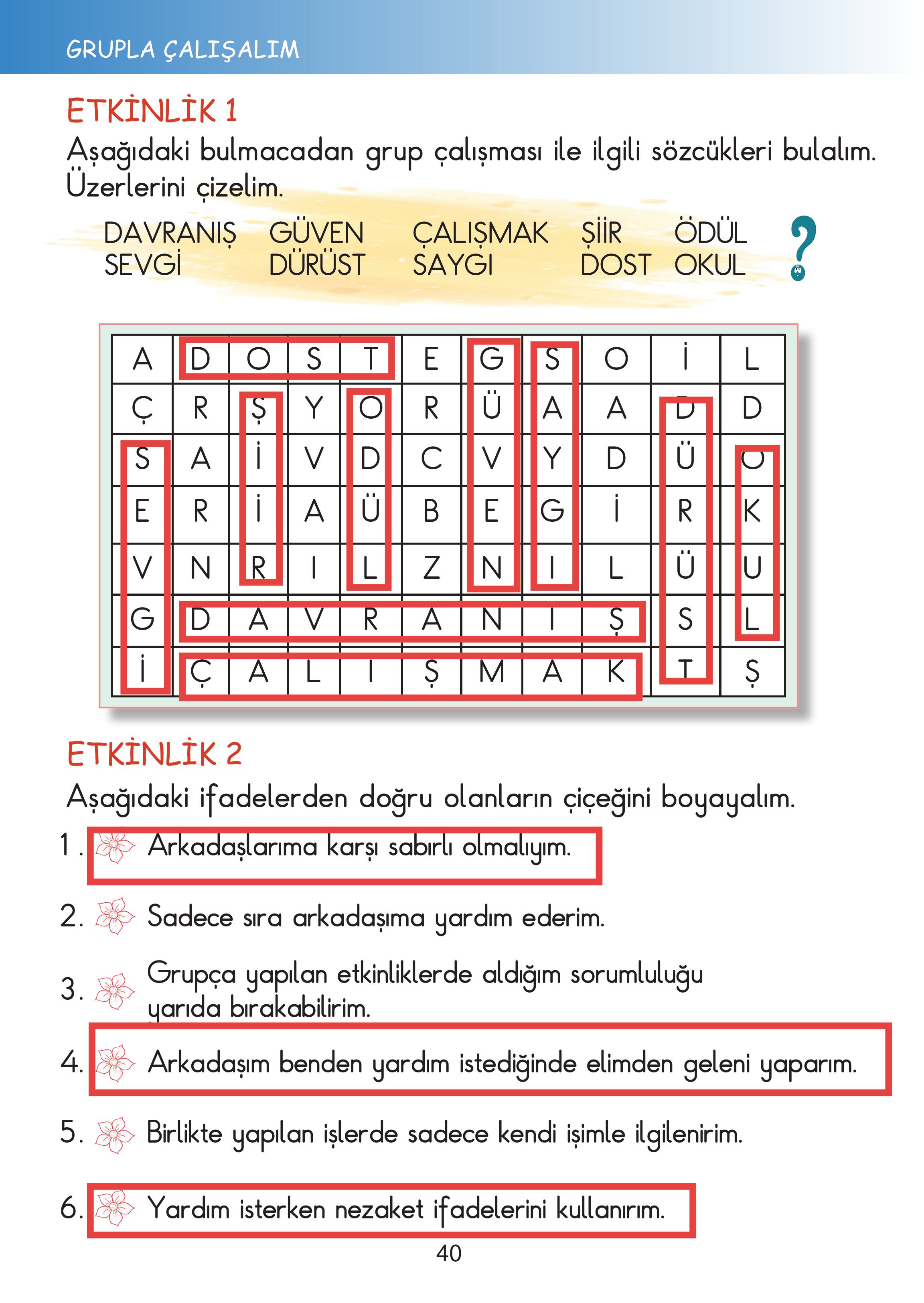 2. Sınıf Meb Yayınları Hayat Bilgisi Ders Kitabı Sayfa 40 Cevapları