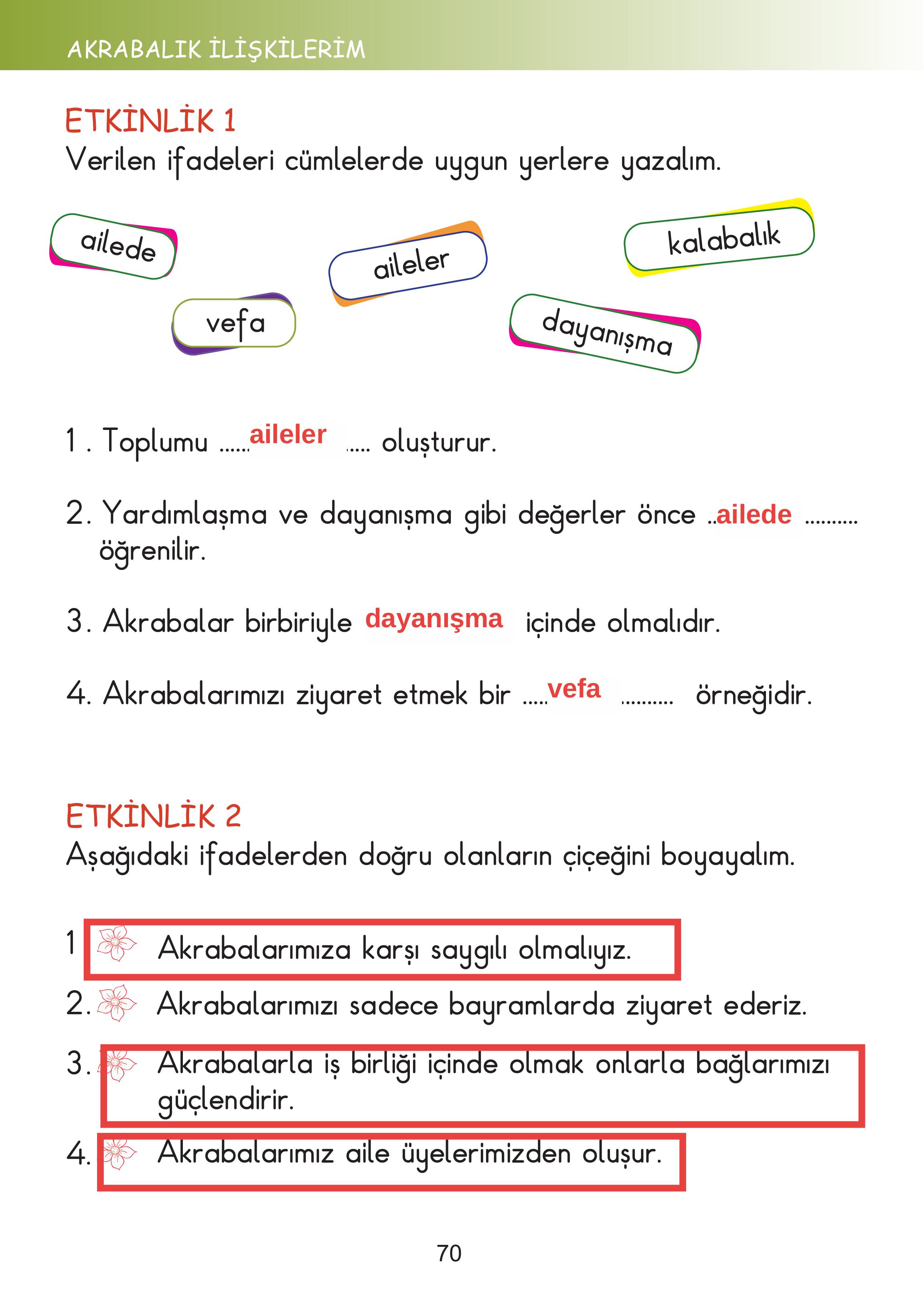 2. Sınıf Meb Yayınları Hayat Bilgisi Ders Kitabı Sayfa 70 Cevapları