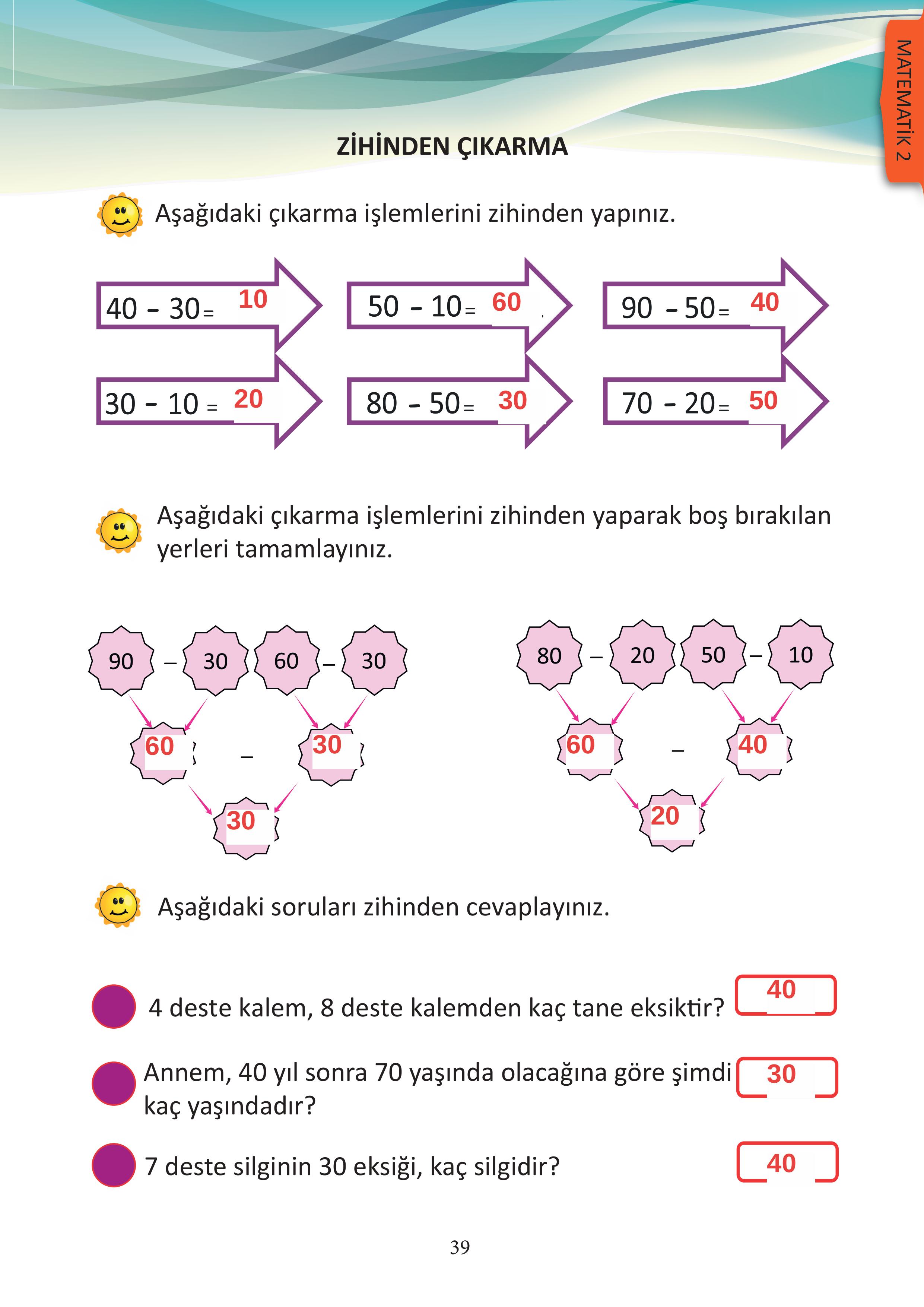 3. Sınıf Meb Yayınları Matematik Ders Kitabı Sayfa 39 Cevapları