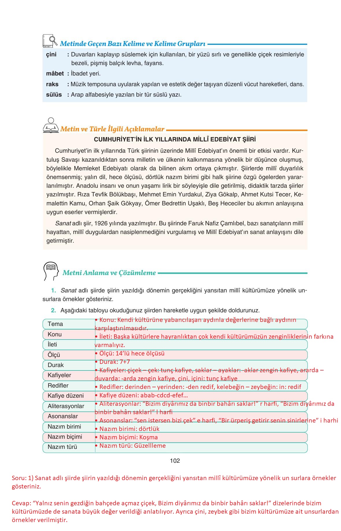 11. Sınıf Gizem Yayınları Türk Dili Ve Edebiyatı Ders Kitabı Sayfa 102 Cevapları