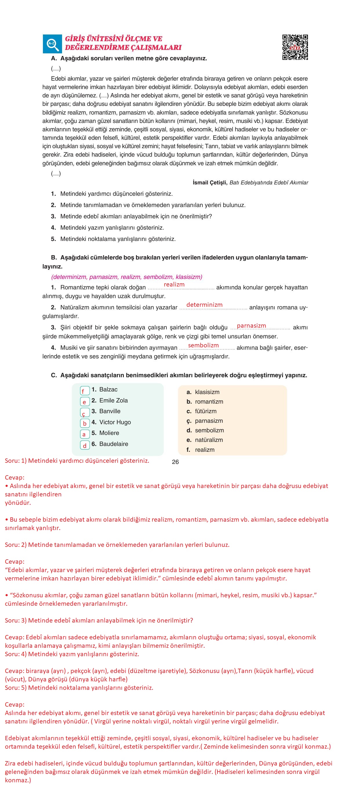 11. Sınıf Gizem Yayınları Türk Dili Ve Edebiyatı Ders Kitabı Sayfa 26 Cevapları