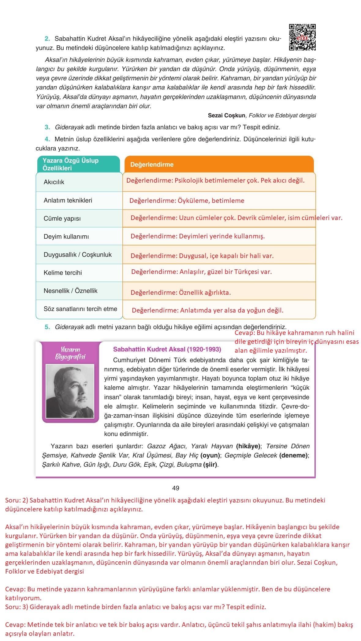 11. Sınıf Gizem Yayınları Türk Dili Ve Edebiyatı Ders Kitabı Sayfa 49 Cevapları