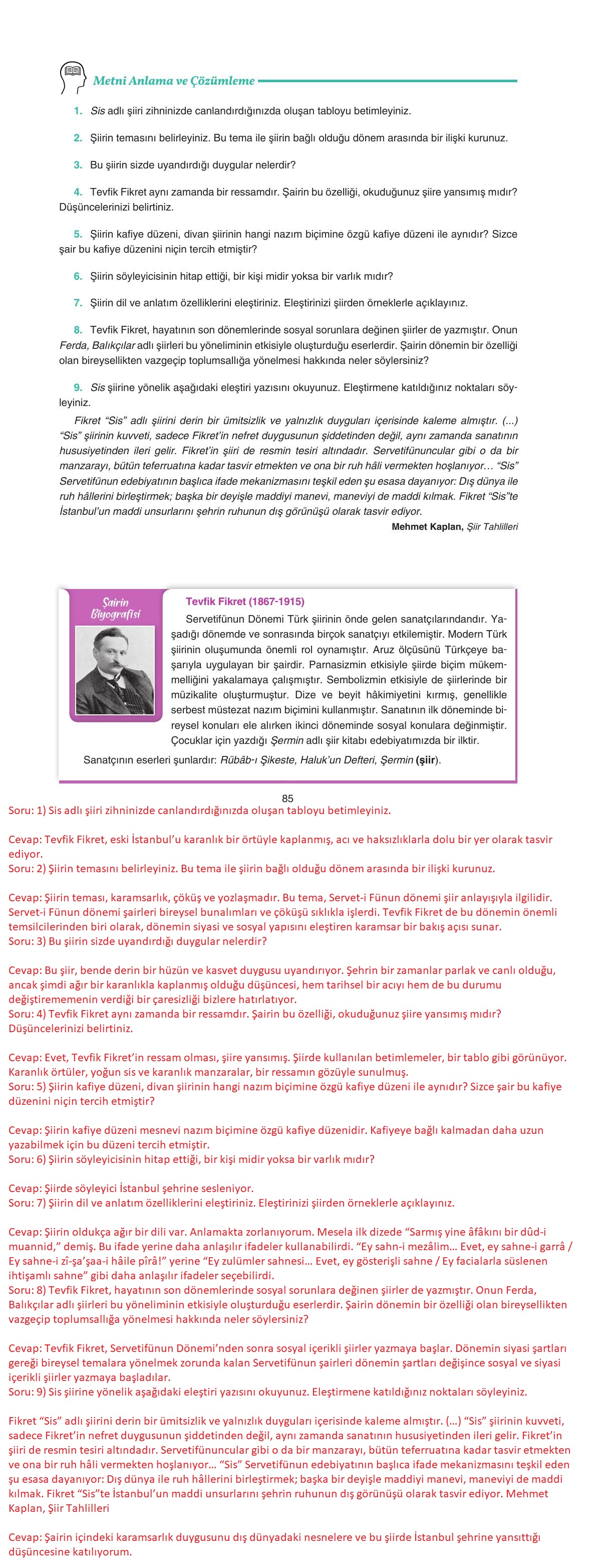 11. Sınıf Gizem Yayınları Türk Dili Ve Edebiyatı Ders Kitabı Sayfa 85 Cevapları