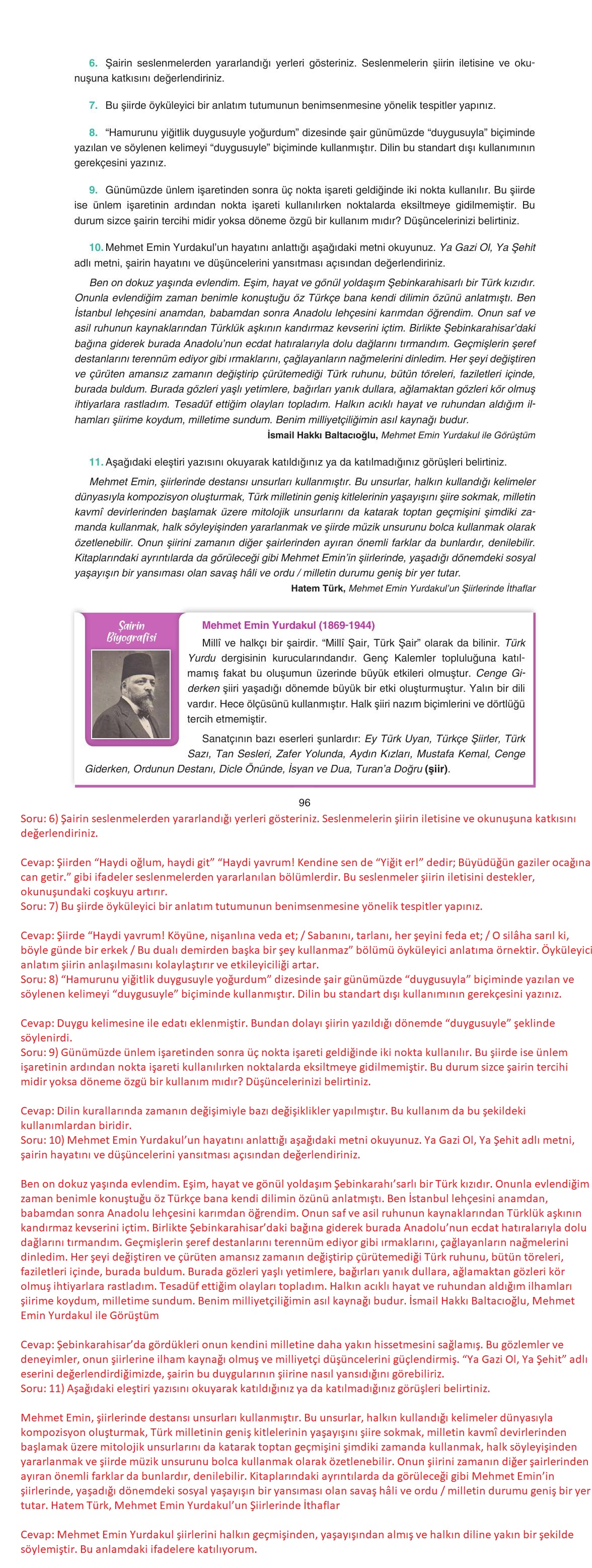 11. Sınıf Gizem Yayınları Türk Dili Ve Edebiyatı Ders Kitabı Sayfa 96 Cevapları