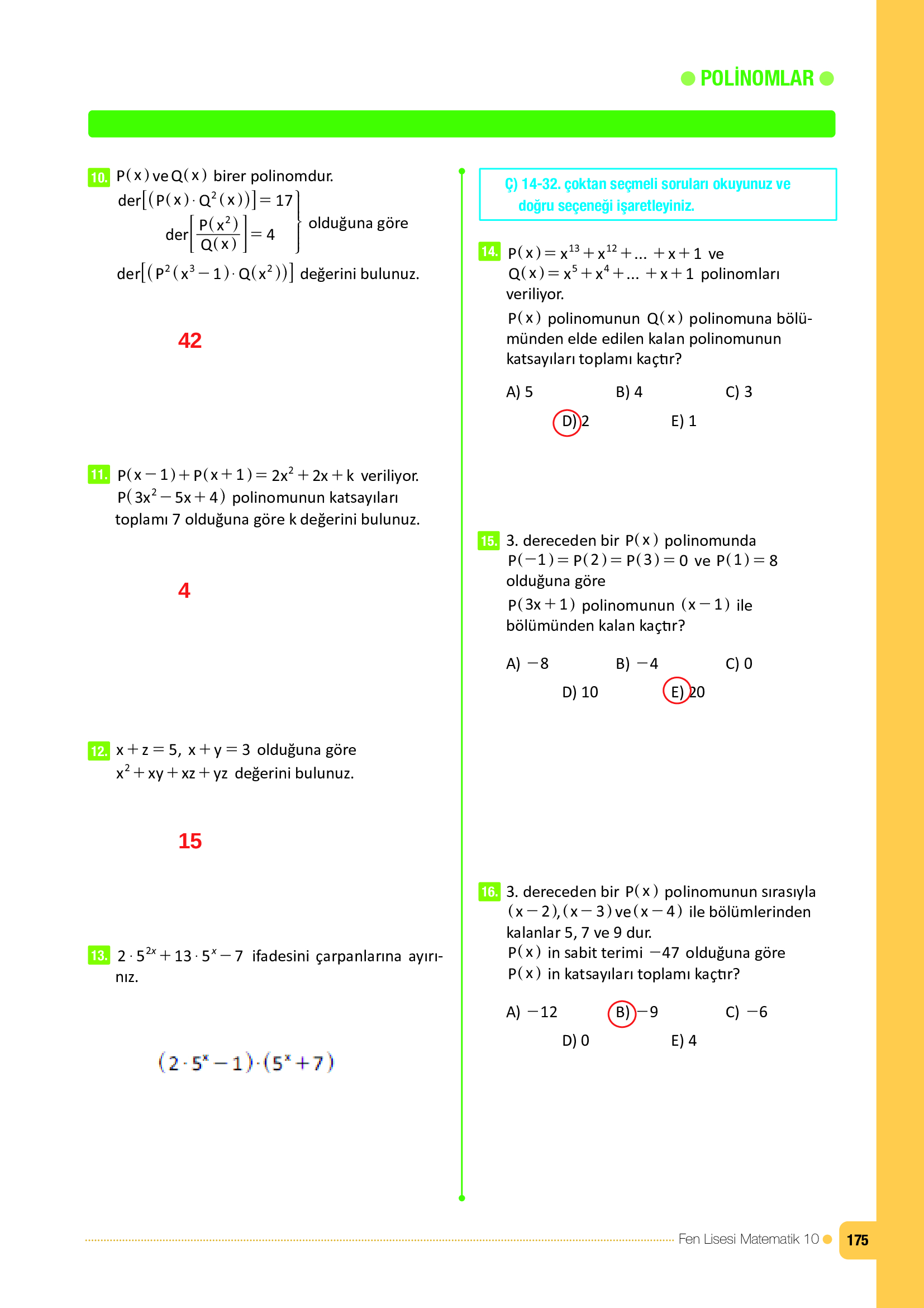10. Sınıf Meb Yayınları Fen Lisesi Matematik Ders Kitabı Sayfa 175 Cevapları 10. Sınıf Meb Yayınları Fen Lisesi Matematik Ders Kitabı Sayfa 175 Cevapları