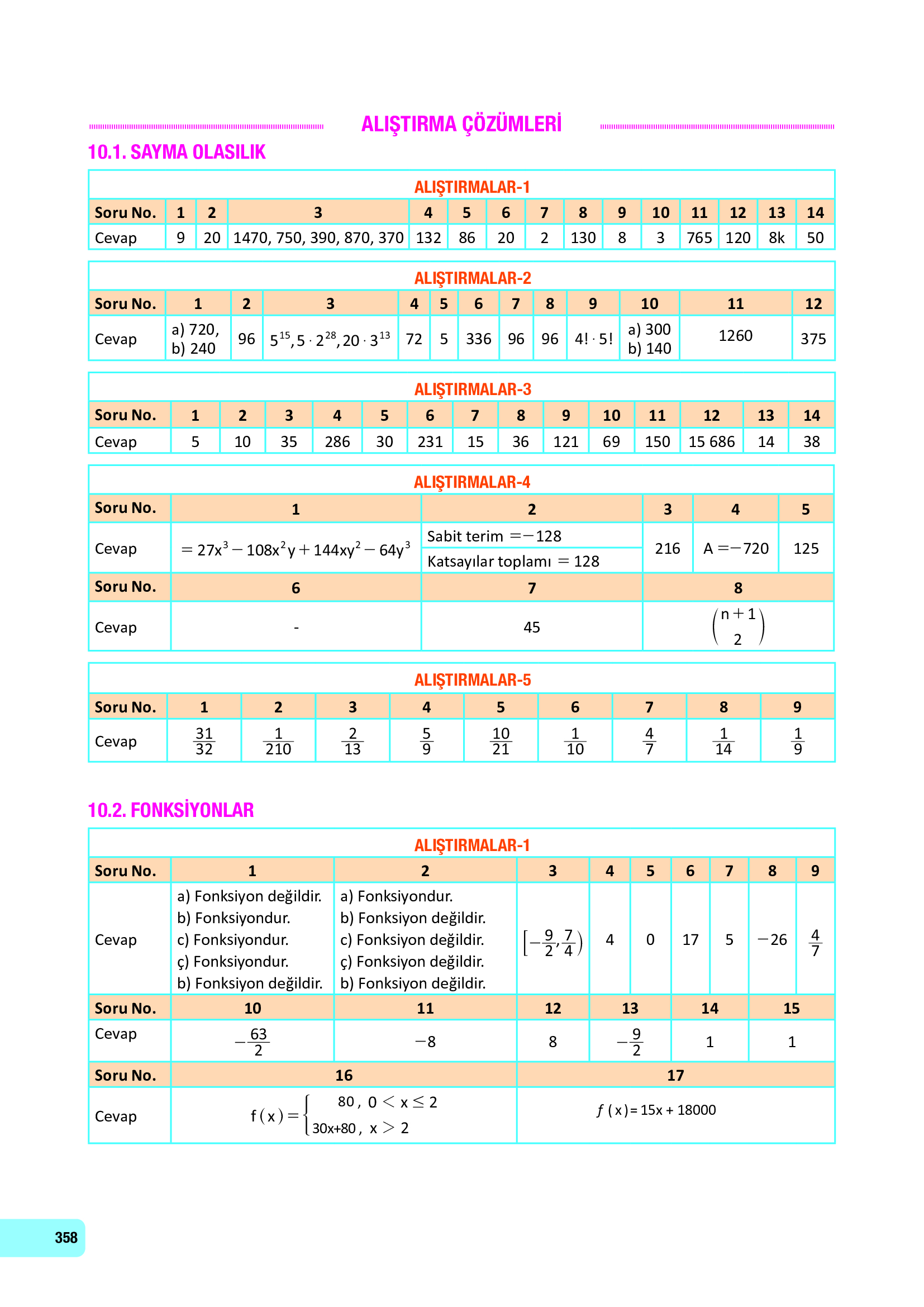 10. Sınıf Meb Yayınları Fen Lisesi Matematik Ders Kitabı Sayfa 358 Cevapları
