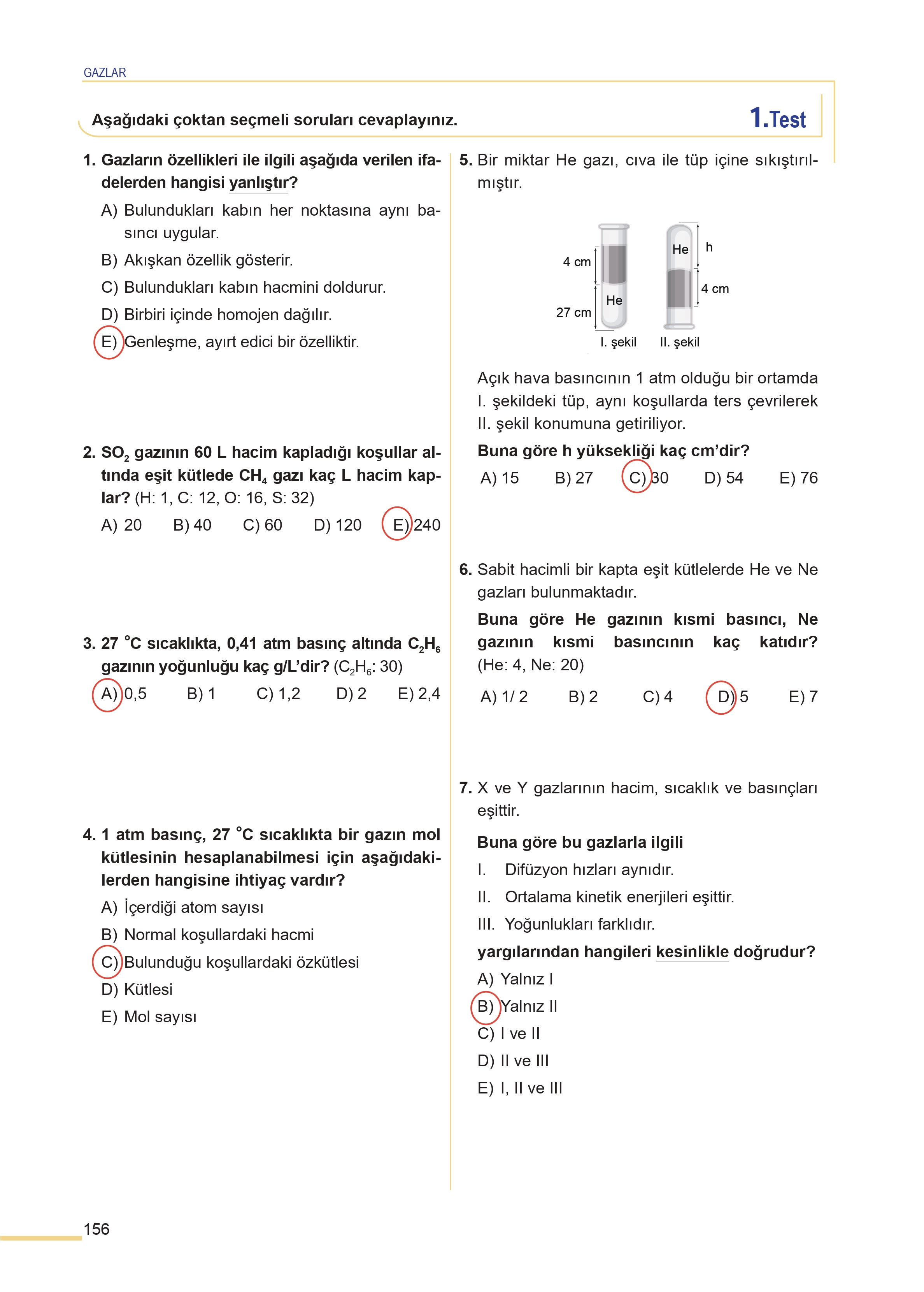 11. Sınıf Meb Yayınları Fen Lisesi Kimya Ders Kitabı Sayfa 156 Cevapları
