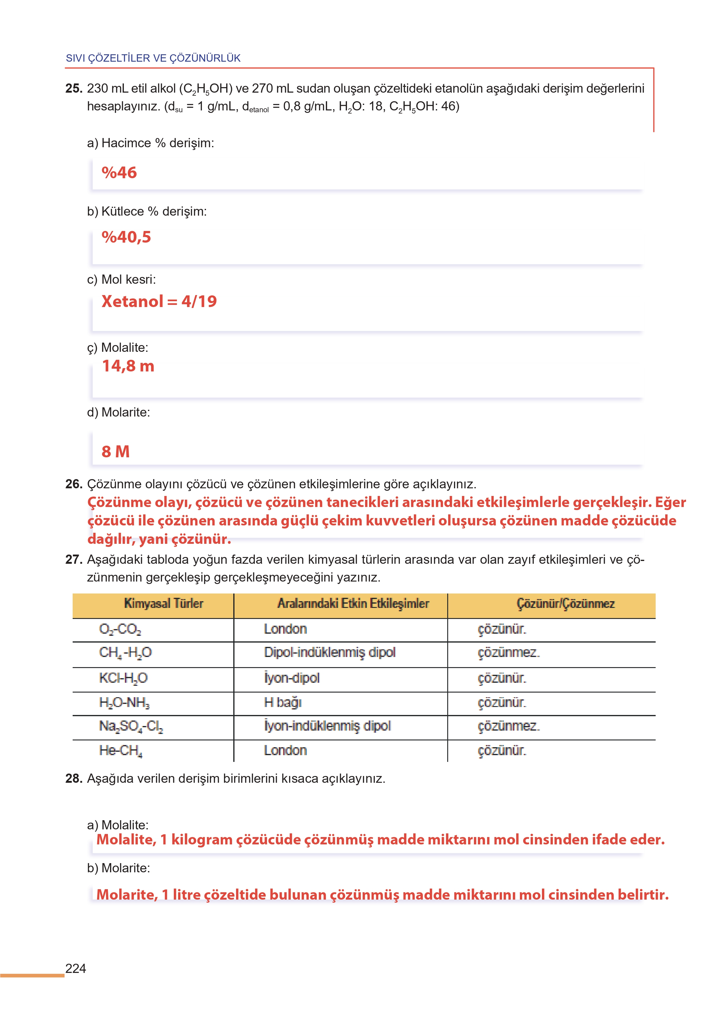 11. Sınıf Meb Yayınları Fen Lisesi Kimya Ders Kitabı Sayfa 224 Cevapları