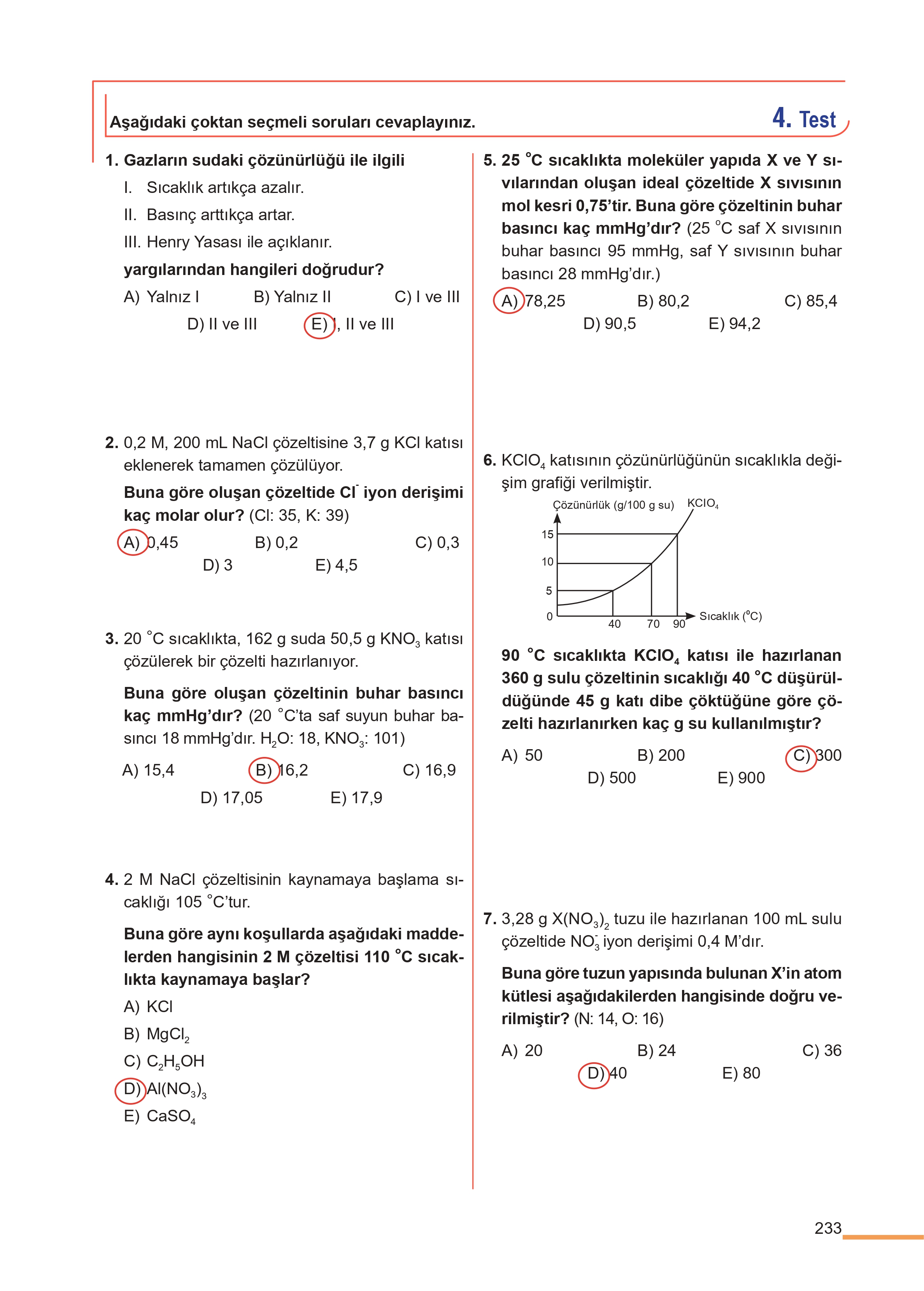 11. Sınıf Meb Yayınları Fen Lisesi Kimya Ders Kitabı Sayfa 233 Cevapları