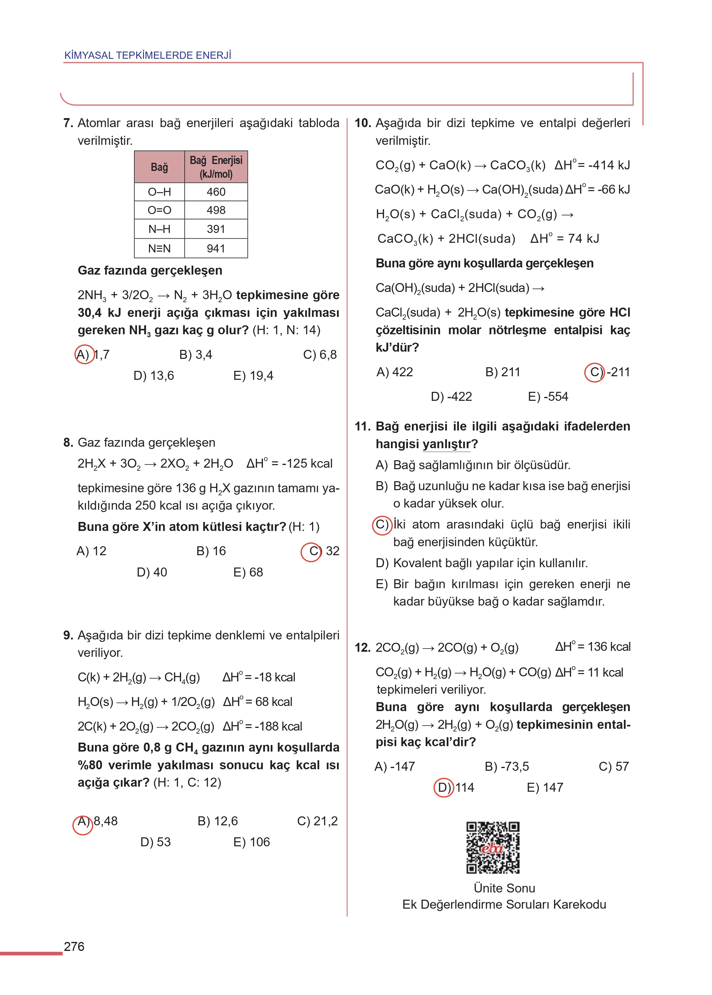 11. Sınıf Meb Yayınları Fen Lisesi Kimya Ders Kitabı Sayfa 276 Cevapları