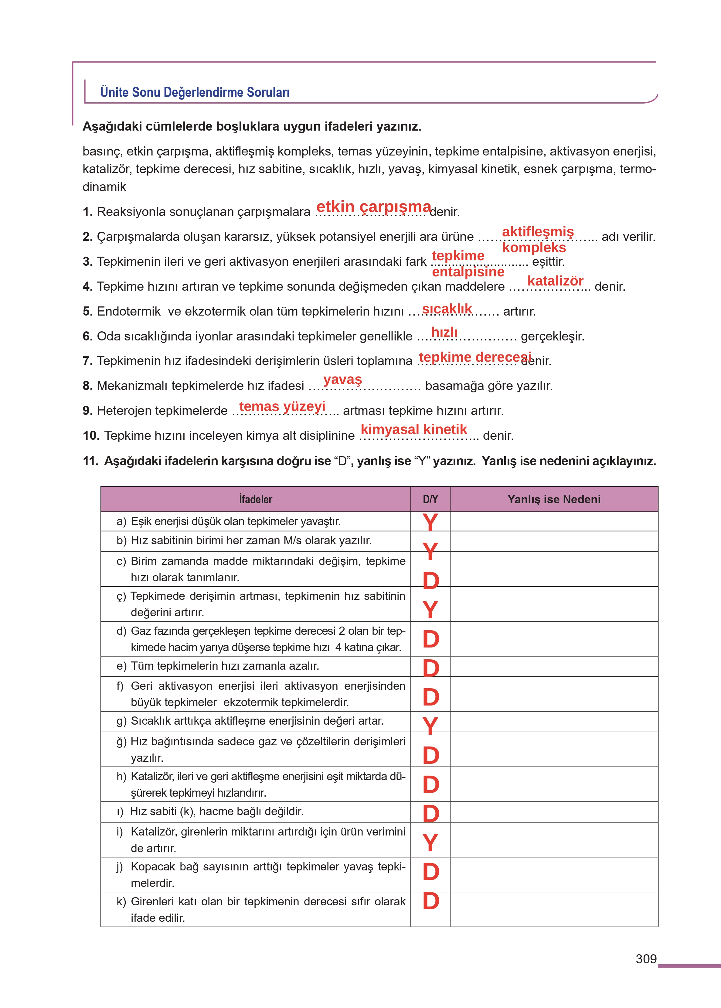 11. Sınıf Meb Yayınları Fen Lisesi Kimya Ders Kitabı Sayfa 309 Cevapları