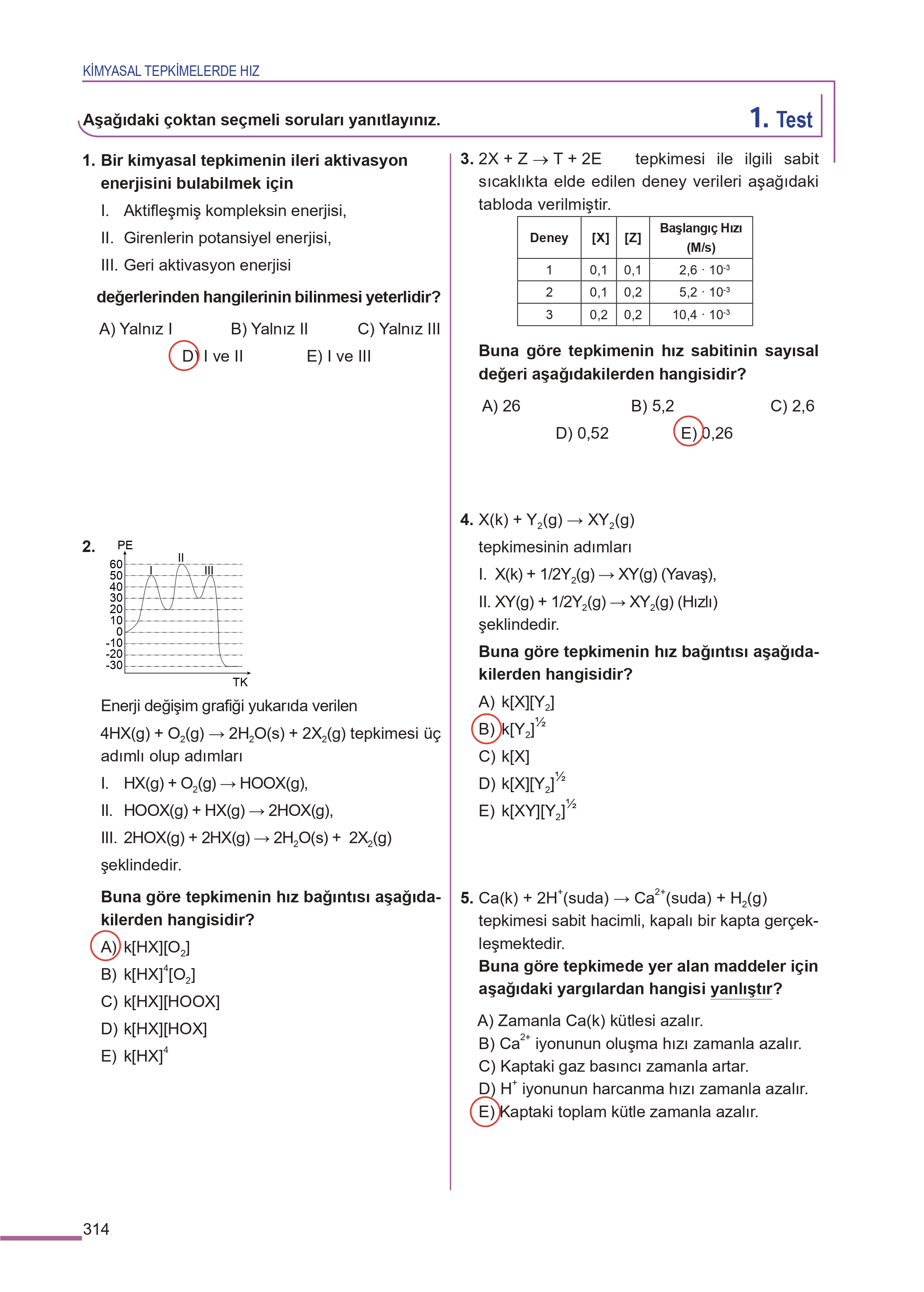 11. Sınıf Meb Yayınları Fen Lisesi Kimya Ders Kitabı Sayfa 314 Cevapları