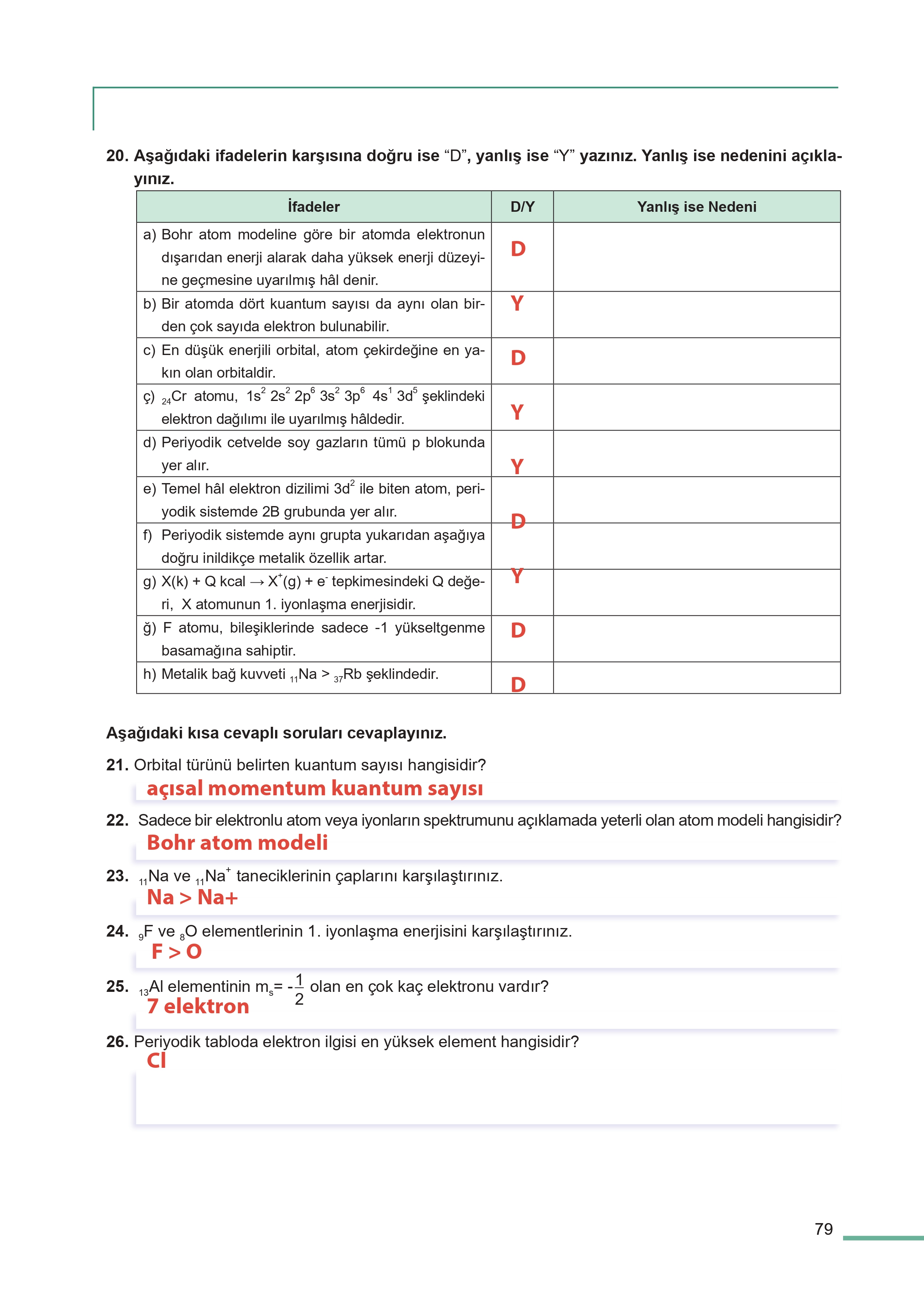11. Sınıf Meb Yayınları Fen Lisesi Kimya Ders Kitabı Sayfa 79 Cevapları
