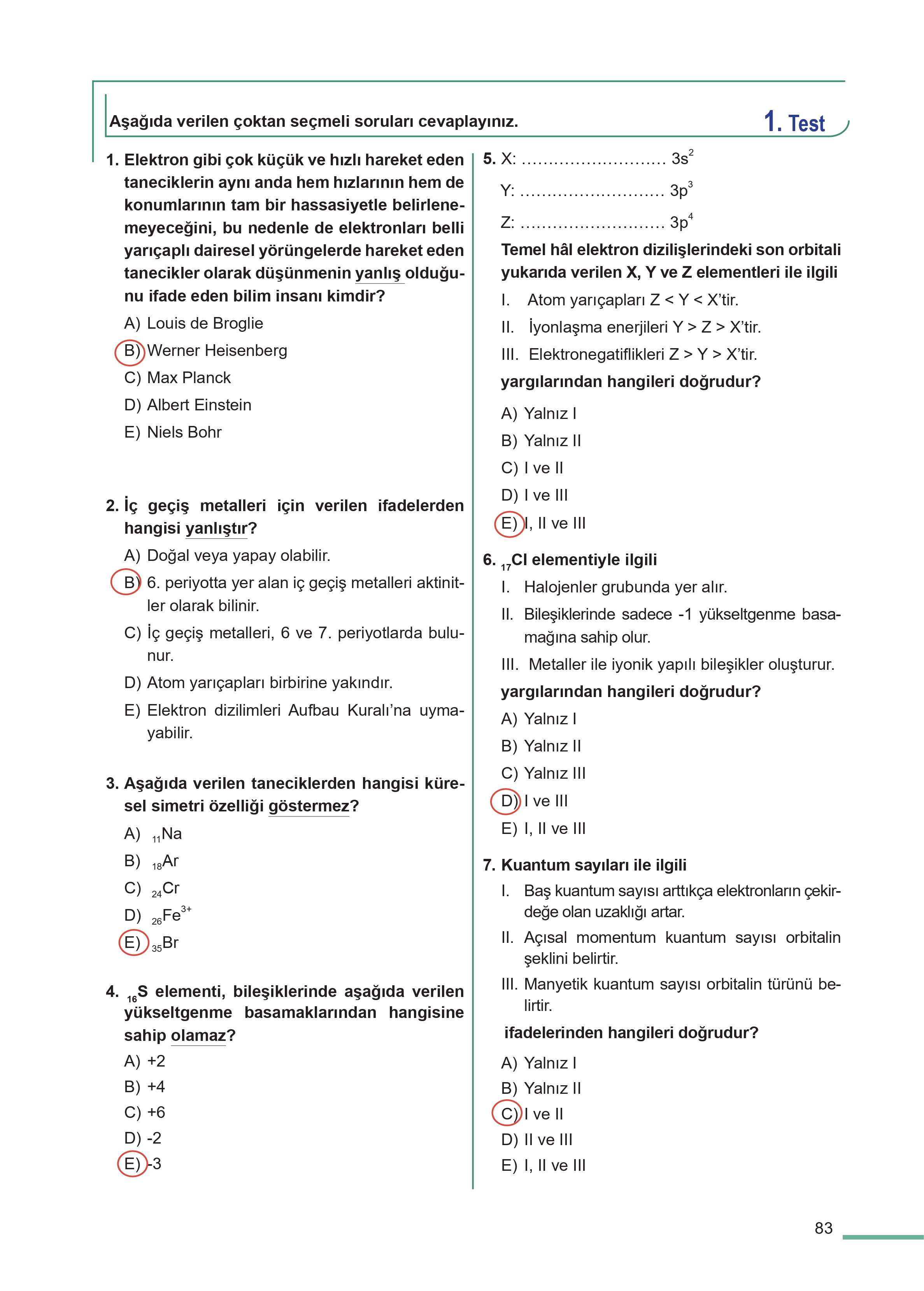 11. Sınıf Meb Yayınları Fen Lisesi Kimya Ders Kitabı Sayfa 83 Cevapları