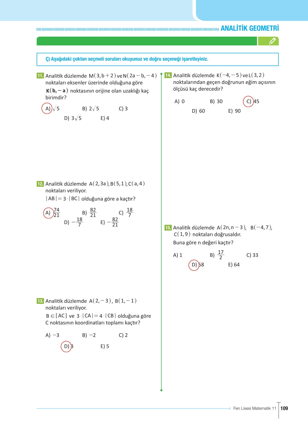 11. Sınıf Meb Yayınları Fen Lisesi Matematik Ders Kitabı Sayfa 109 Cevapları