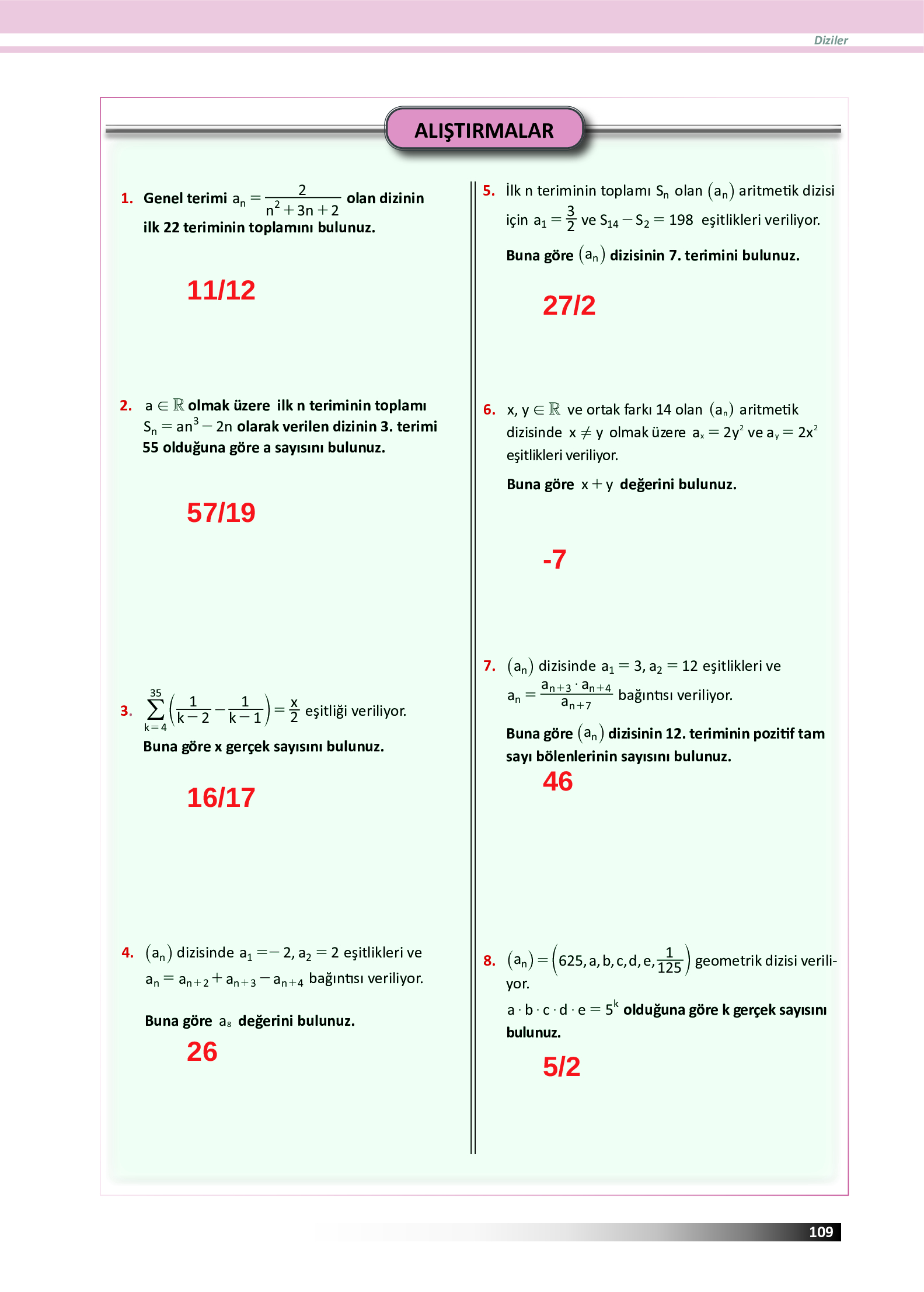 12. Sınıf Meb Yayınları Fen Lisesi Matematik Ders Kitabı Sayfa 109 Cevapları