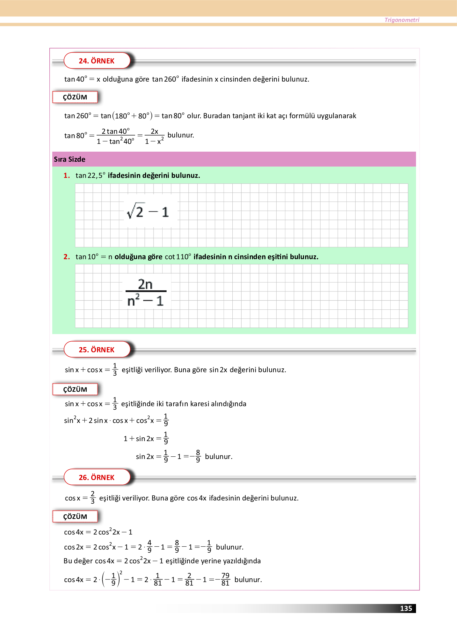 12. Sınıf Meb Yayınları Fen Lisesi Matematik Ders Kitabı Sayfa 135 Cevapları