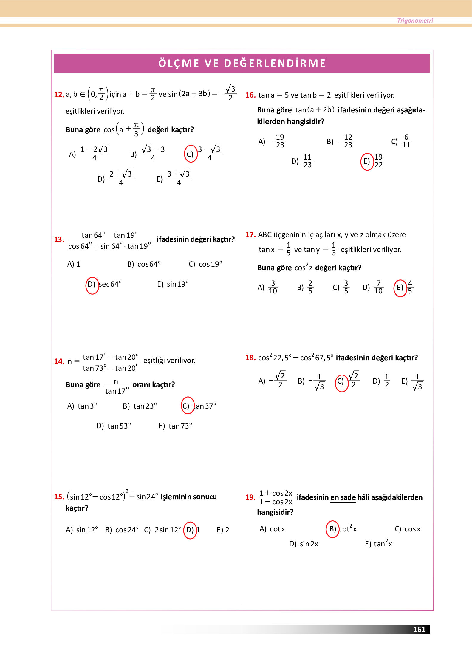 12. Sınıf Meb Yayınları Fen Lisesi Matematik Ders Kitabı Sayfa 161 Cevapları