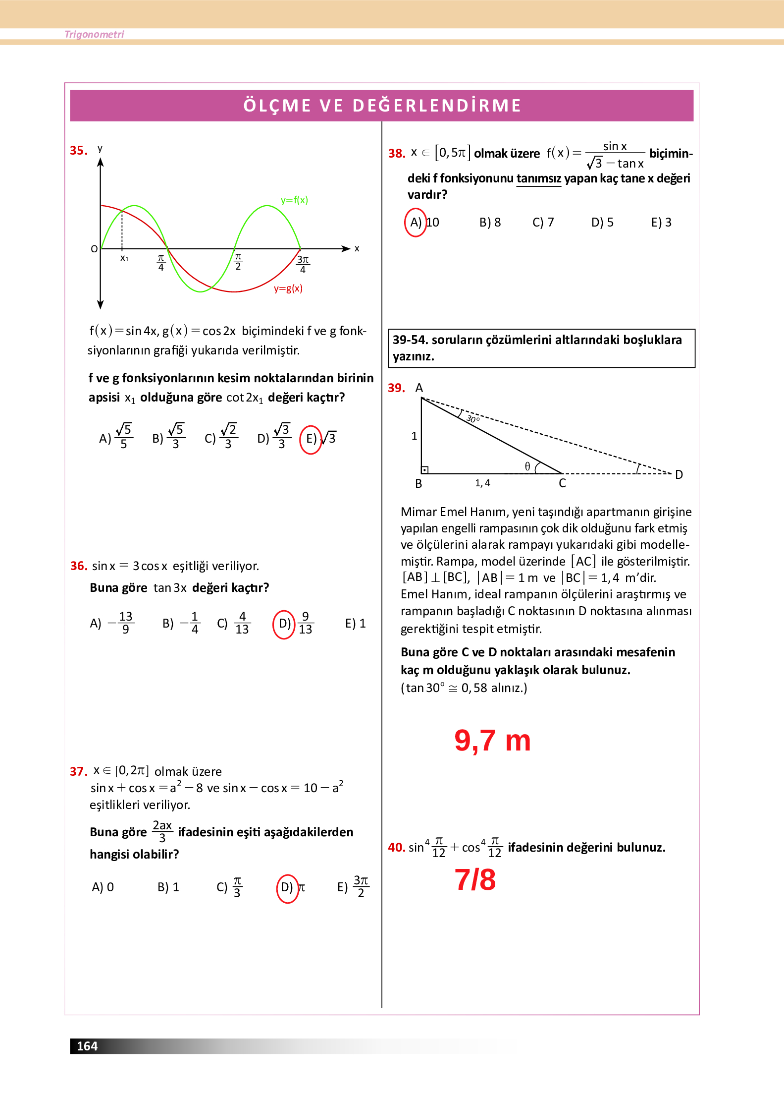 12. Sınıf Meb Yayınları Fen Lisesi Matematik Ders Kitabı Sayfa 164 Cevapları 12. Sınıf Meb Yayınları Fen Lisesi Matematik Ders Kitabı Sayfa 164 Cevapları