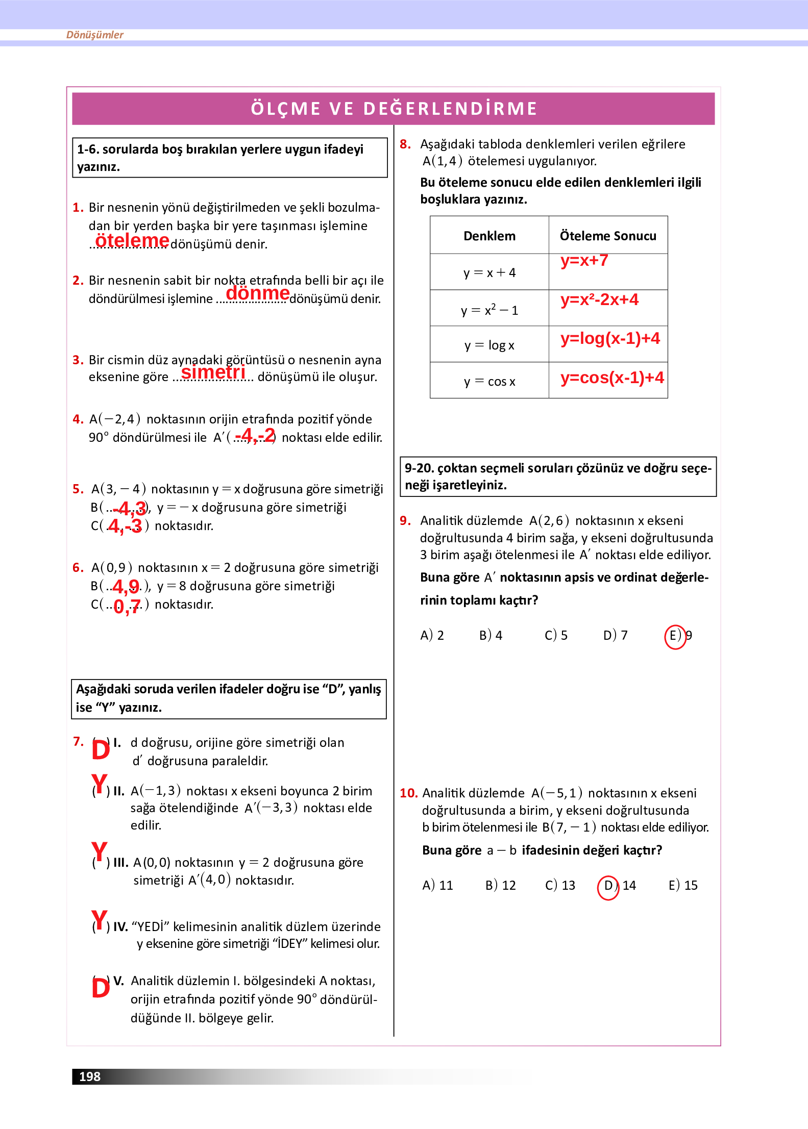 12. Sınıf Meb Yayınları Fen Lisesi Matematik Ders Kitabı Sayfa 1998 Cevapları