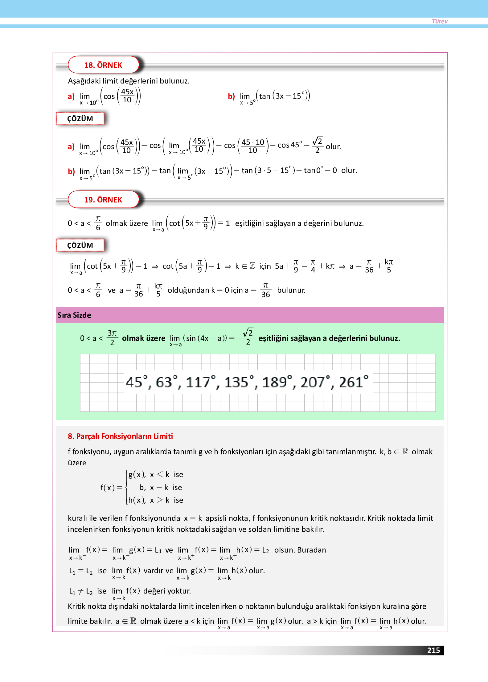 12. Sınıf Meb Yayınları Fen Lisesi Matematik Ders Kitabı Sayfa 215 Cevapları