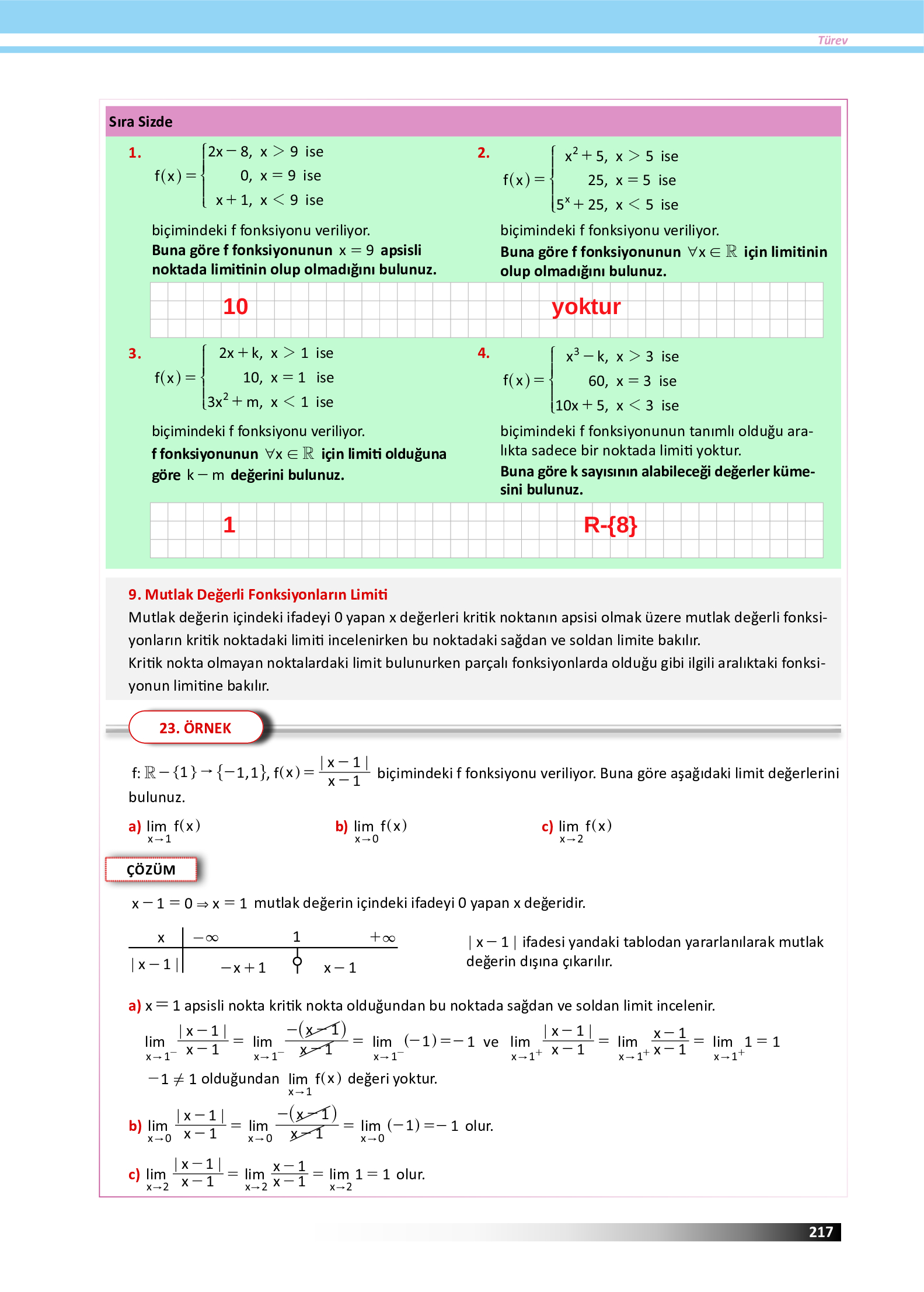 12. Sınıf Meb Yayınları Fen Lisesi Matematik Ders Kitabı Sayfa 217 Cevapları