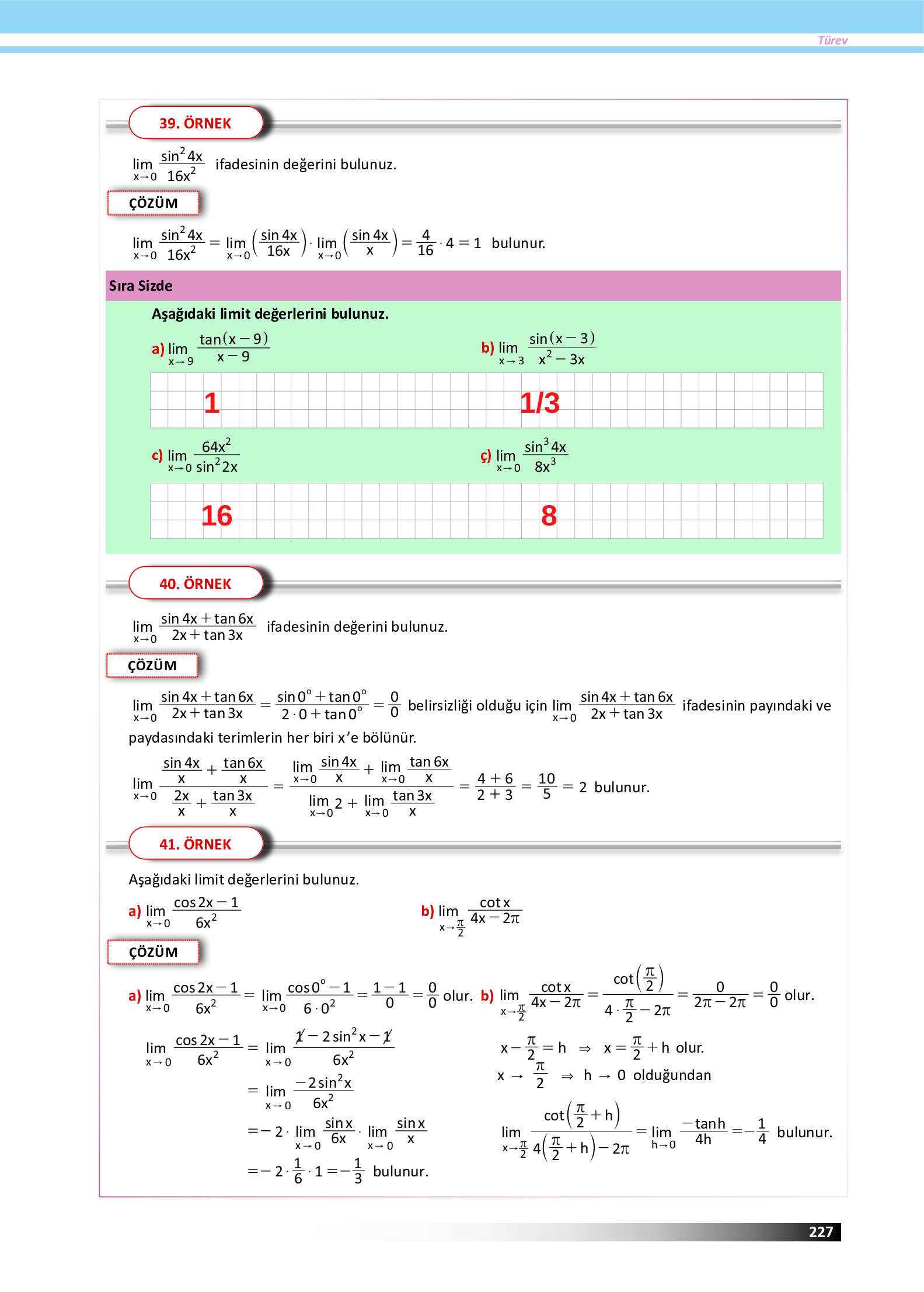12. Sınıf Meb Yayınları Fen Lisesi Matematik Ders Kitabı Sayfa 227 Cevapları