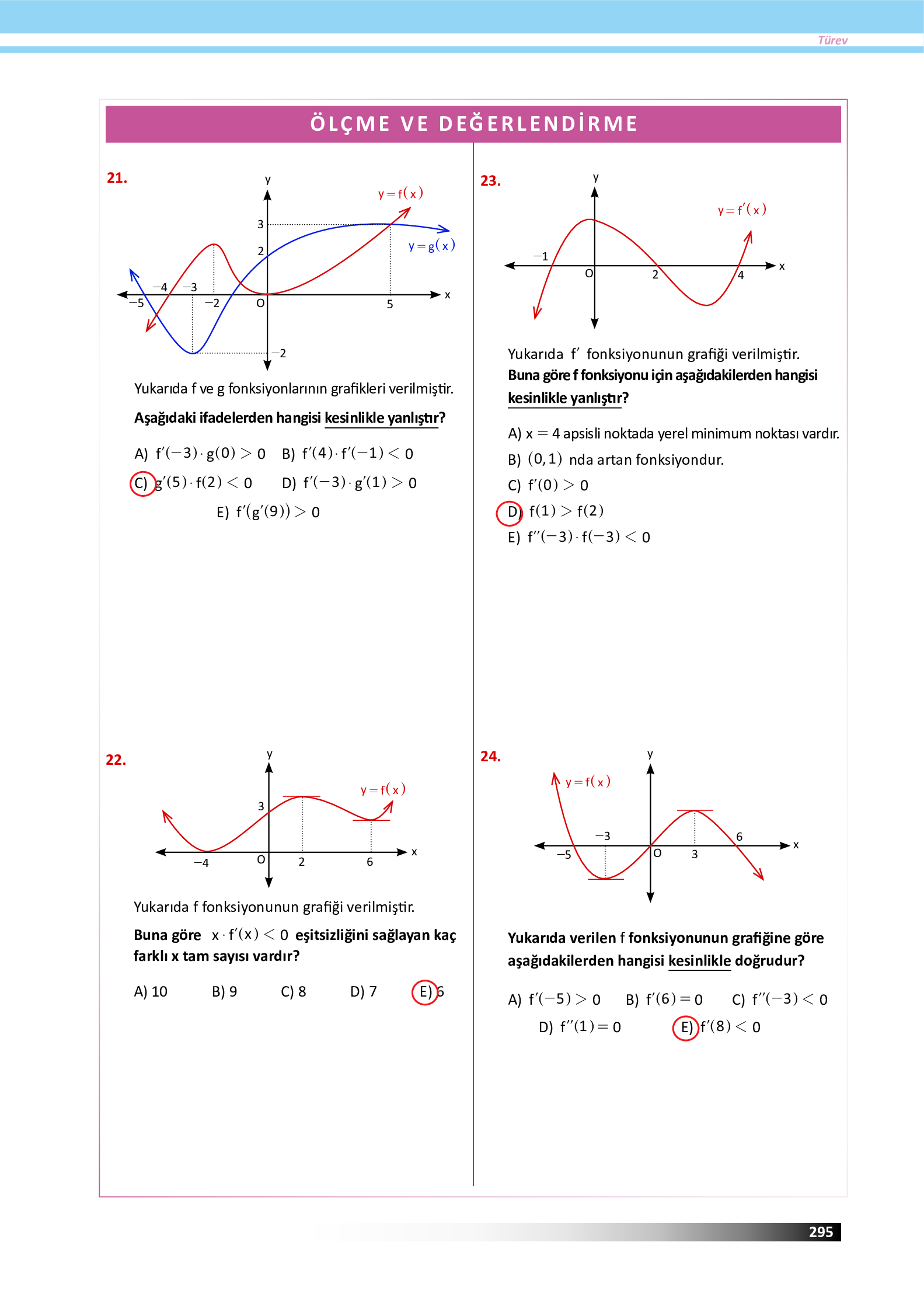 12. Sınıf Meb Yayınları Fen Lisesi Matematik Ders Kitabı Sayfa 295 Cevapları