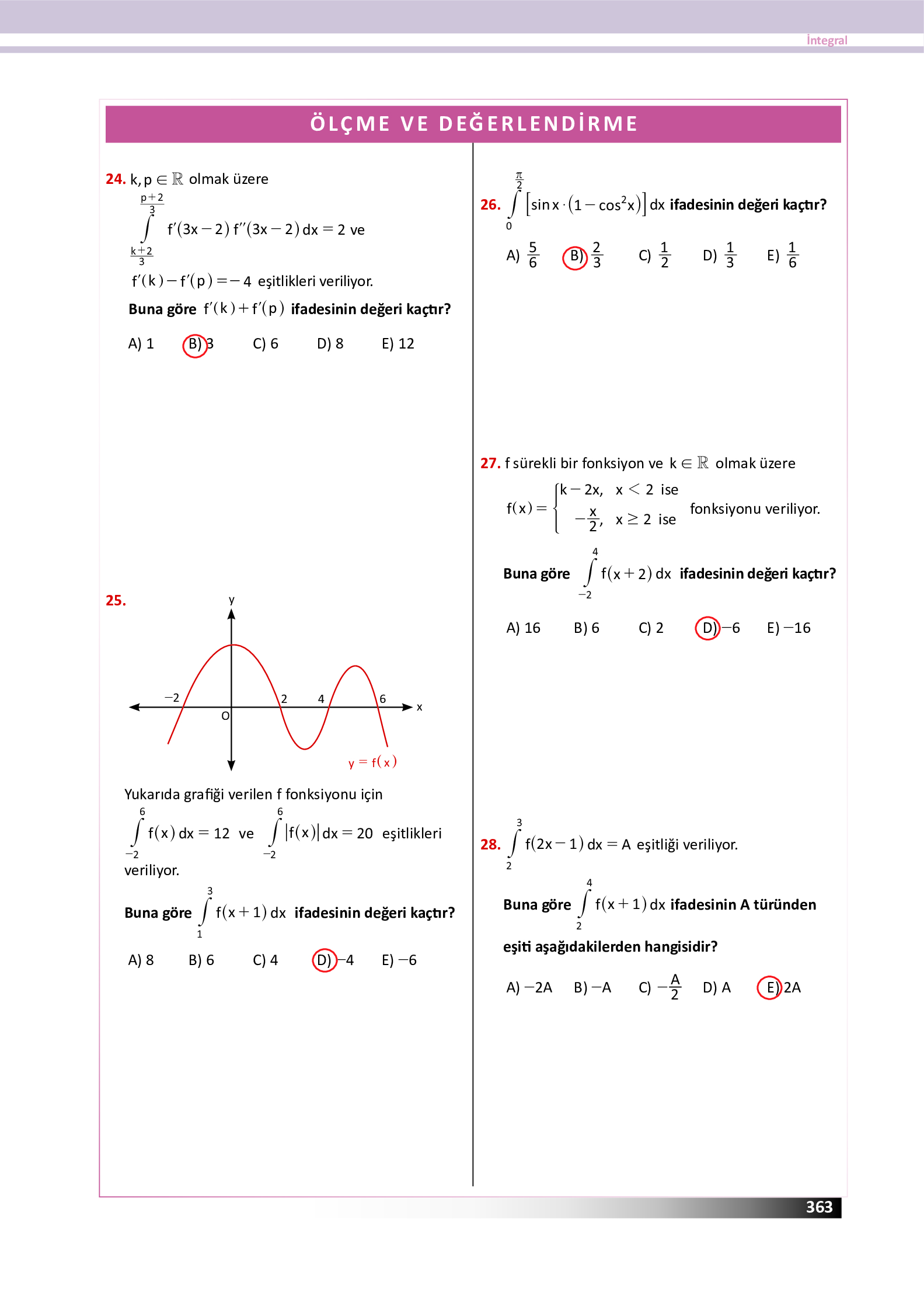 12. Sınıf Meb Yayınları Fen Lisesi Matematik Ders Kitabı Sayfa 363 Cevapları