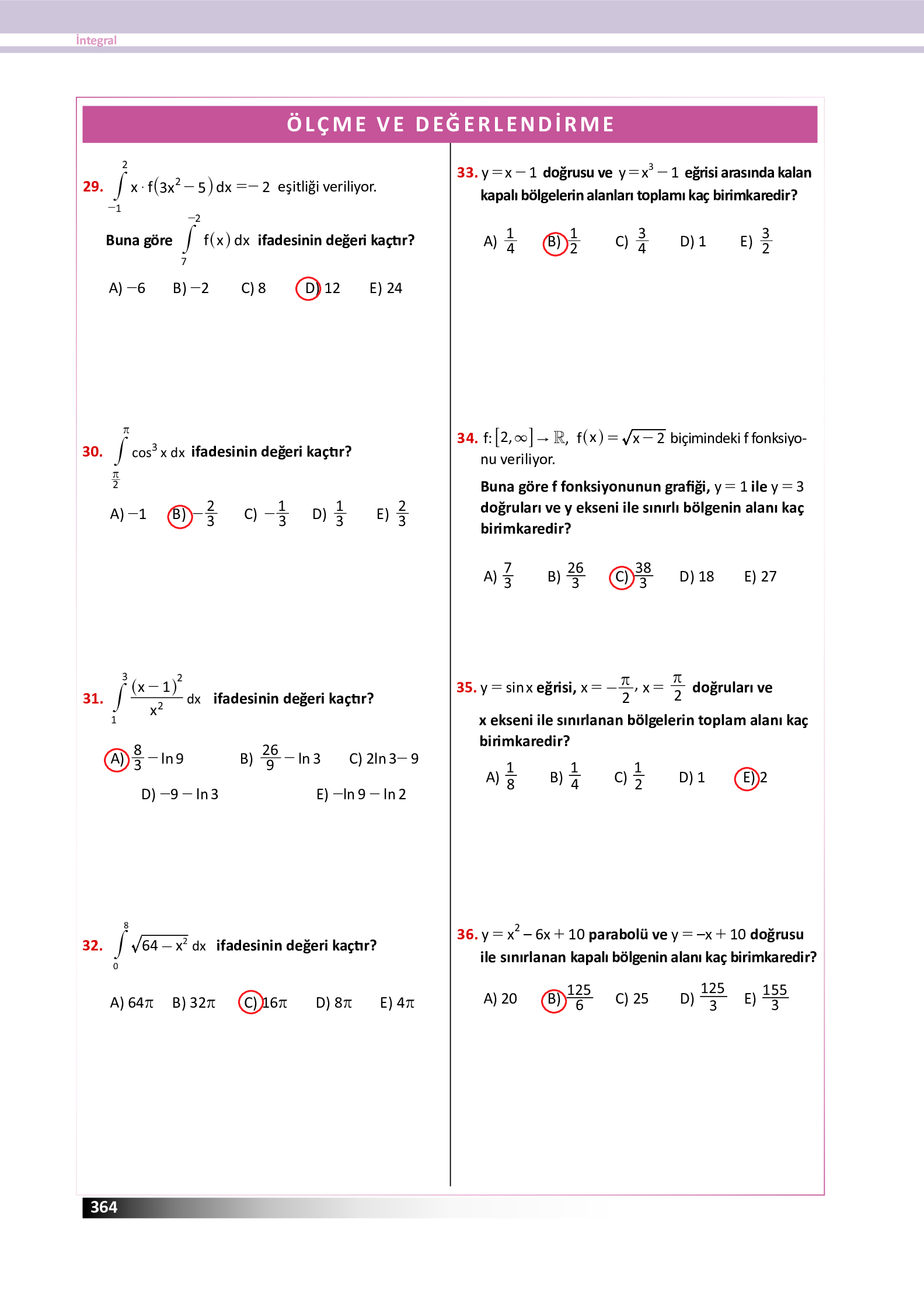 12. Sınıf Meb Yayınları Fen Lisesi Matematik Ders Kitabı Sayfa 364 Cevapları