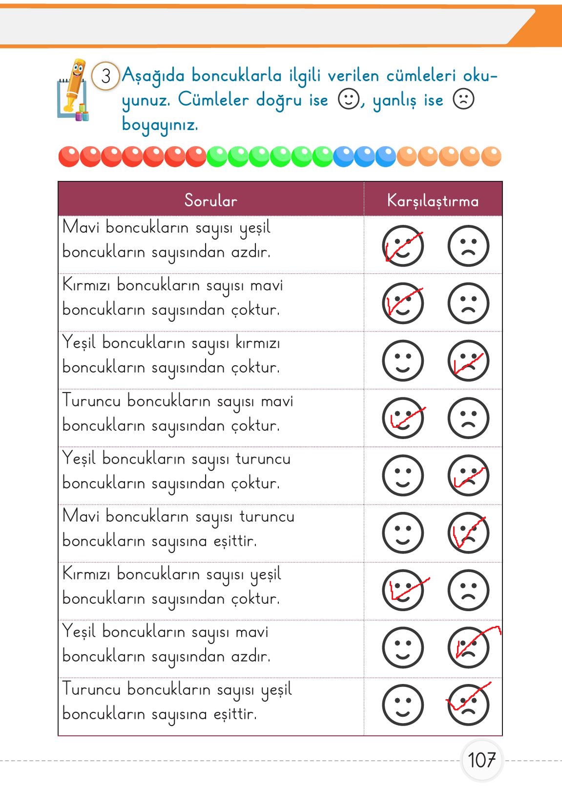 1. Sınıf Meb Yayınları Matematik Ders Kitabı 1. Kitap Sayfa 107 Cevapları