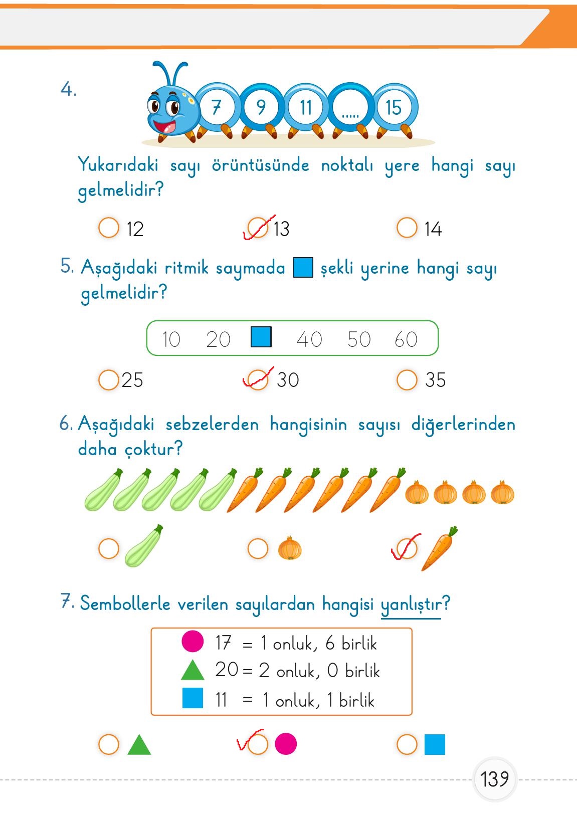 1. Sınıf Meb Yayınları Matematik Ders Kitabı 1. Kitap Sayfa 139 Cevapları