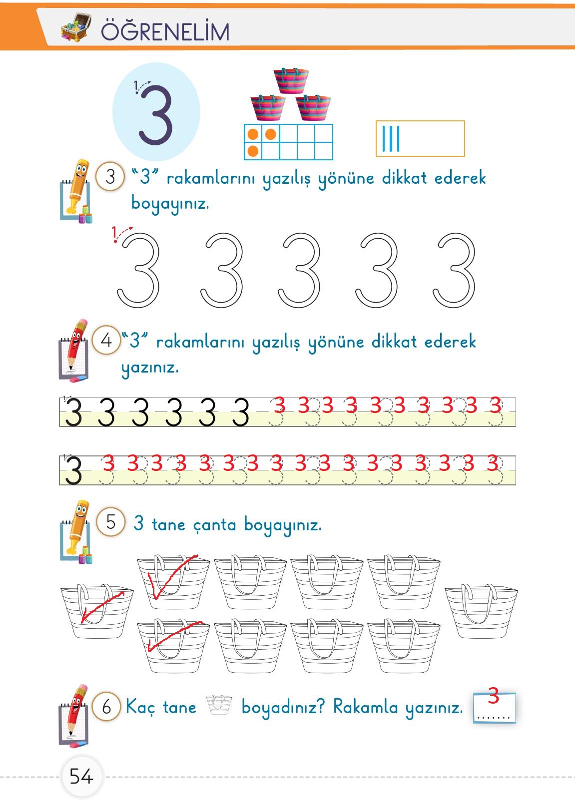 1. Sınıf Meb Yayınları Matematik Ders Kitabı 1. Kitap Sayfa 54 Cevapları