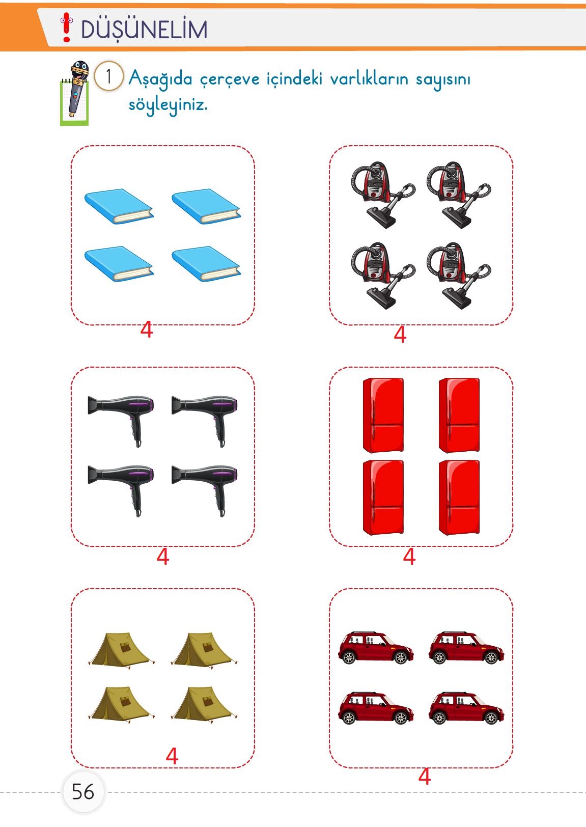 1. Sınıf Meb Yayınları Matematik Ders Kitabı 1. Kitap Sayfa 56 Cevapları