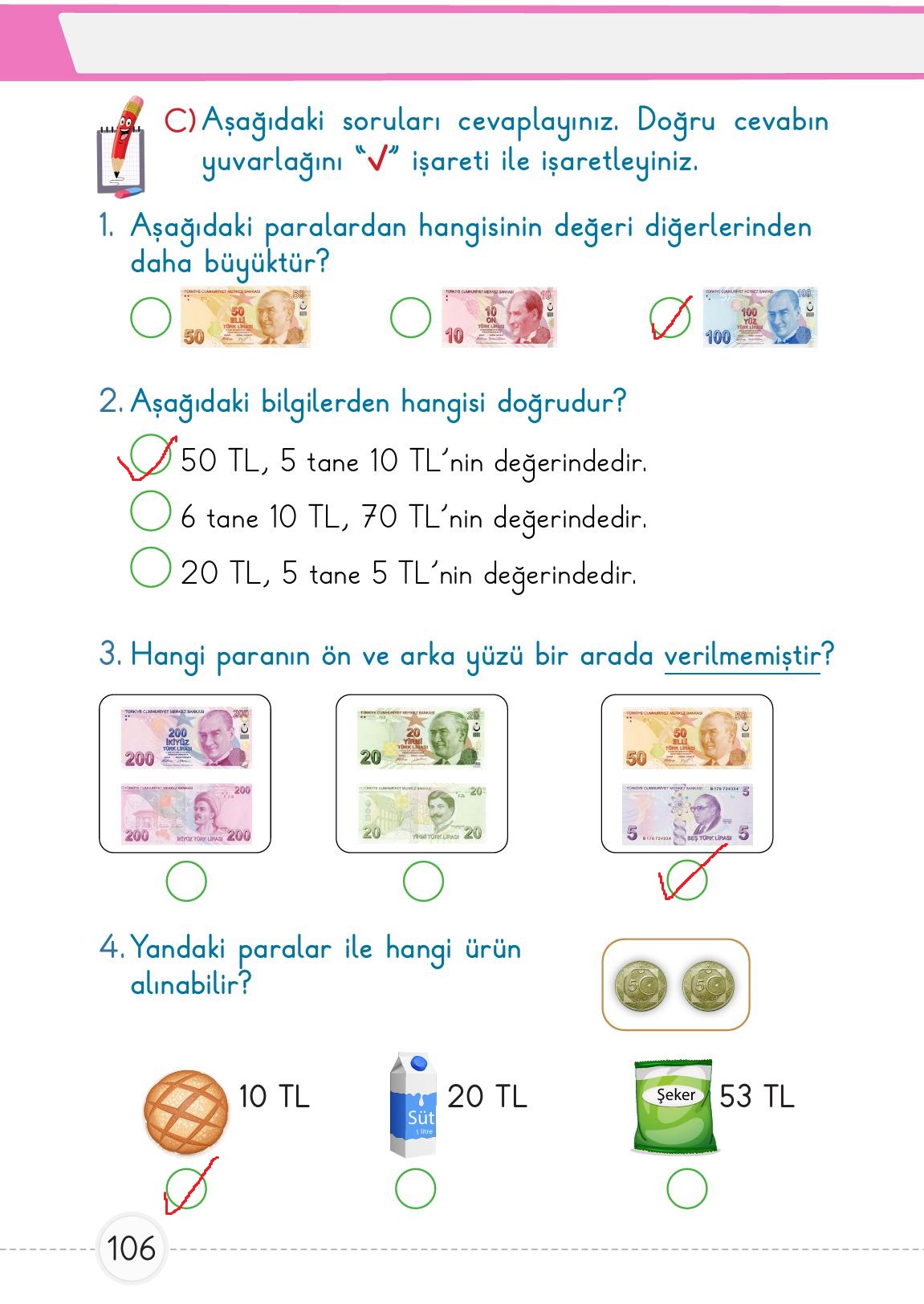1. Sınıf Meb Yayınları Matematik Ders Kitabı 2. Kitap Sayfa 106 Cevapları