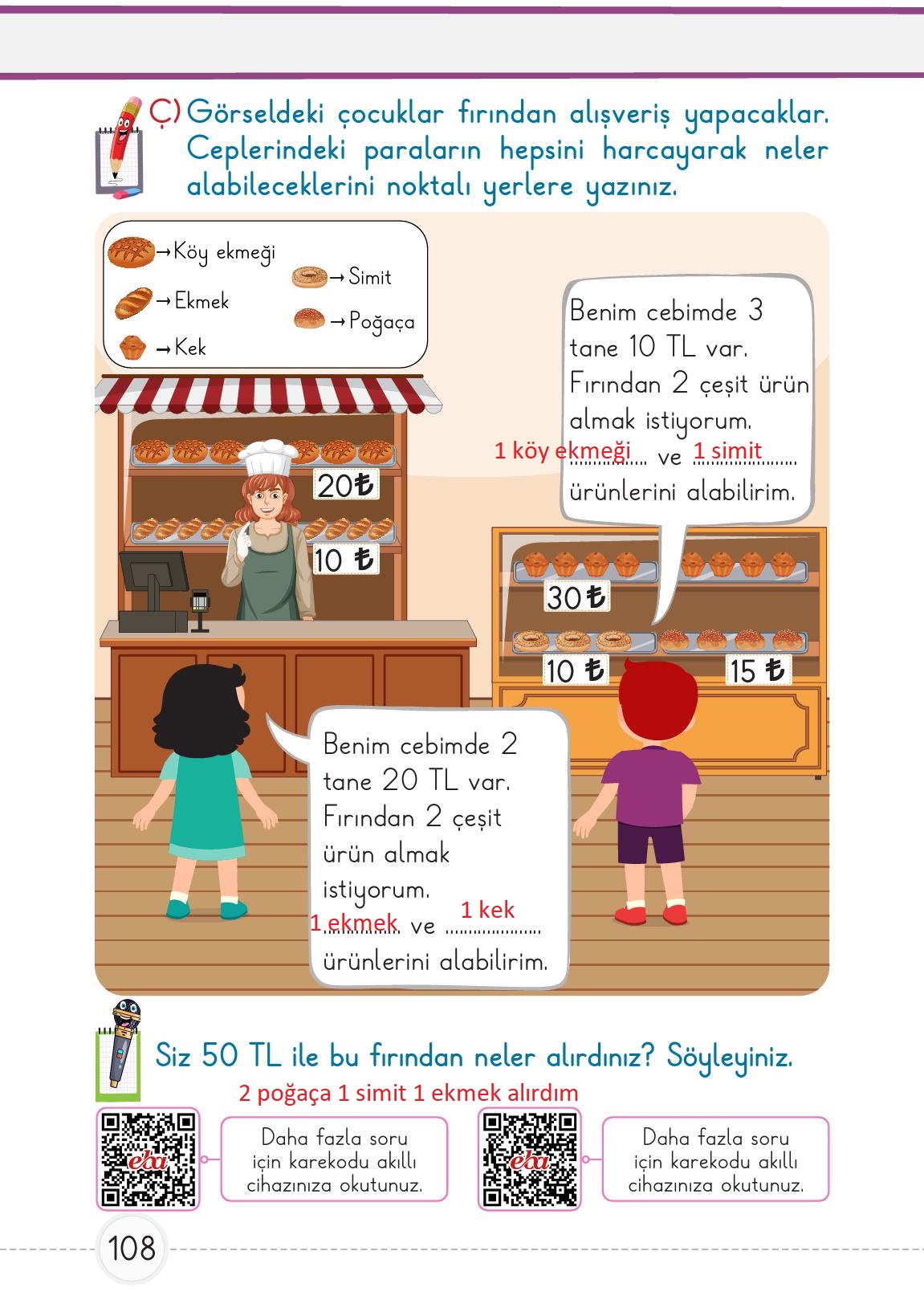 1. Sınıf Meb Yayınları Matematik Ders Kitabı 2. Kitap Sayfa 108 Cevapları