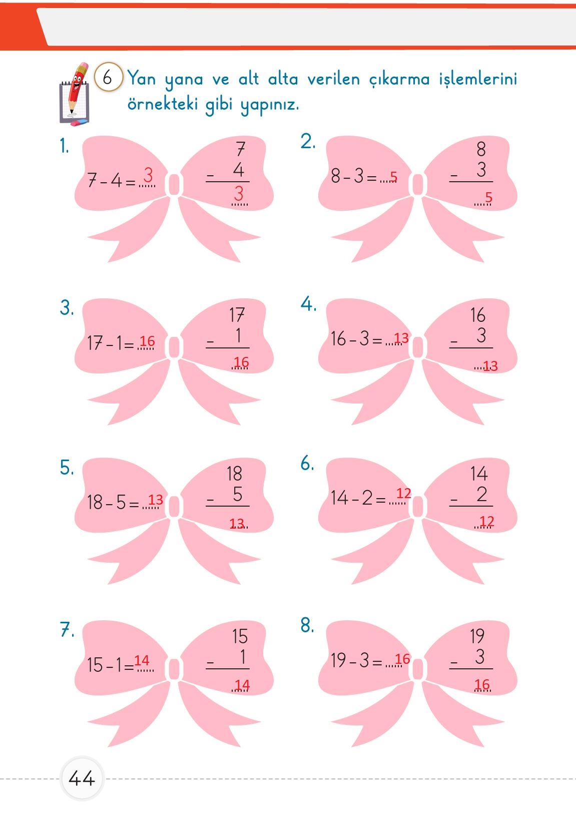 1. Sınıf Meb Yayınları Matematik Ders Kitabı 2. Kitap Sayfa 44 Cevapları