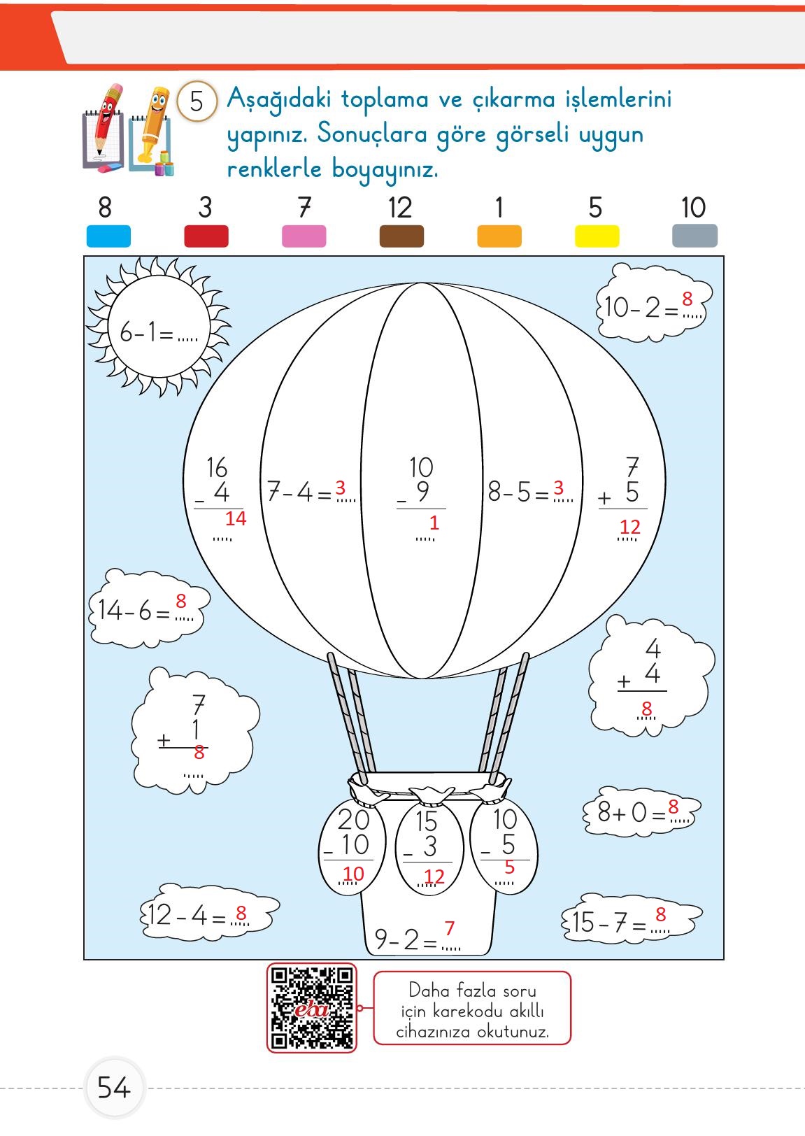 1. Sınıf Meb Yayınları Matematik Ders Kitabı 2. Kitap Sayfa 54 Cevapları