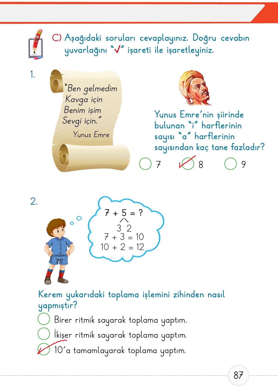 1. Sınıf Meb Yayınları Matematik Ders Kitabı 2. Kitap Sayfa 87 Cevapları