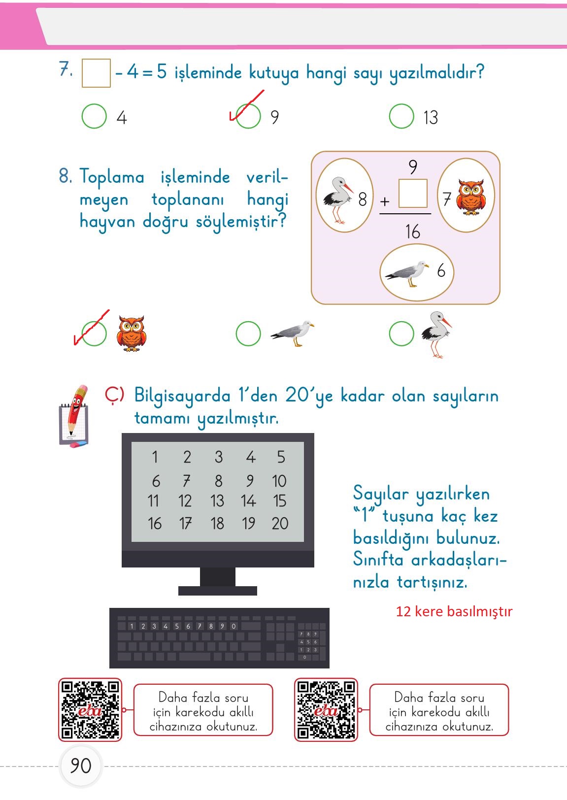 1. Sınıf Meb Yayınları Matematik Ders Kitabı 2. Kitap Sayfa 90 Cevapları