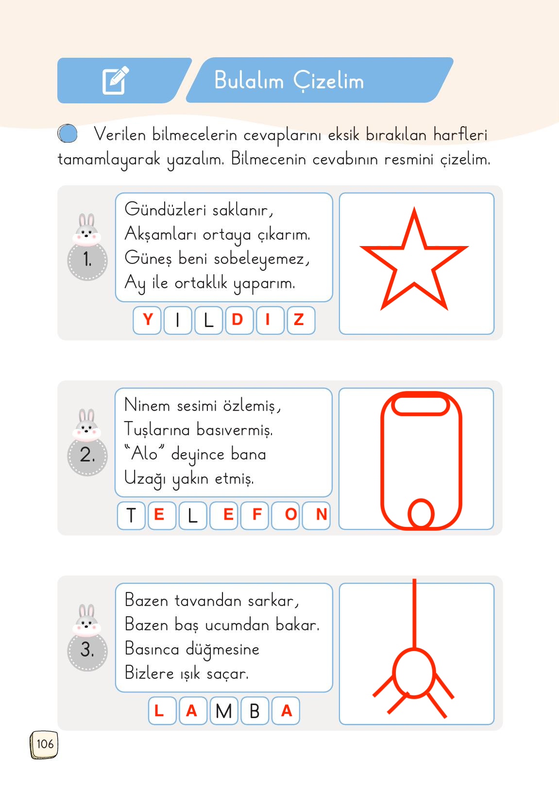 1. Sınıf Meb Yayınları Türkçe Ders Kitabı 1. Kitap Sayfa 106 Cevapları