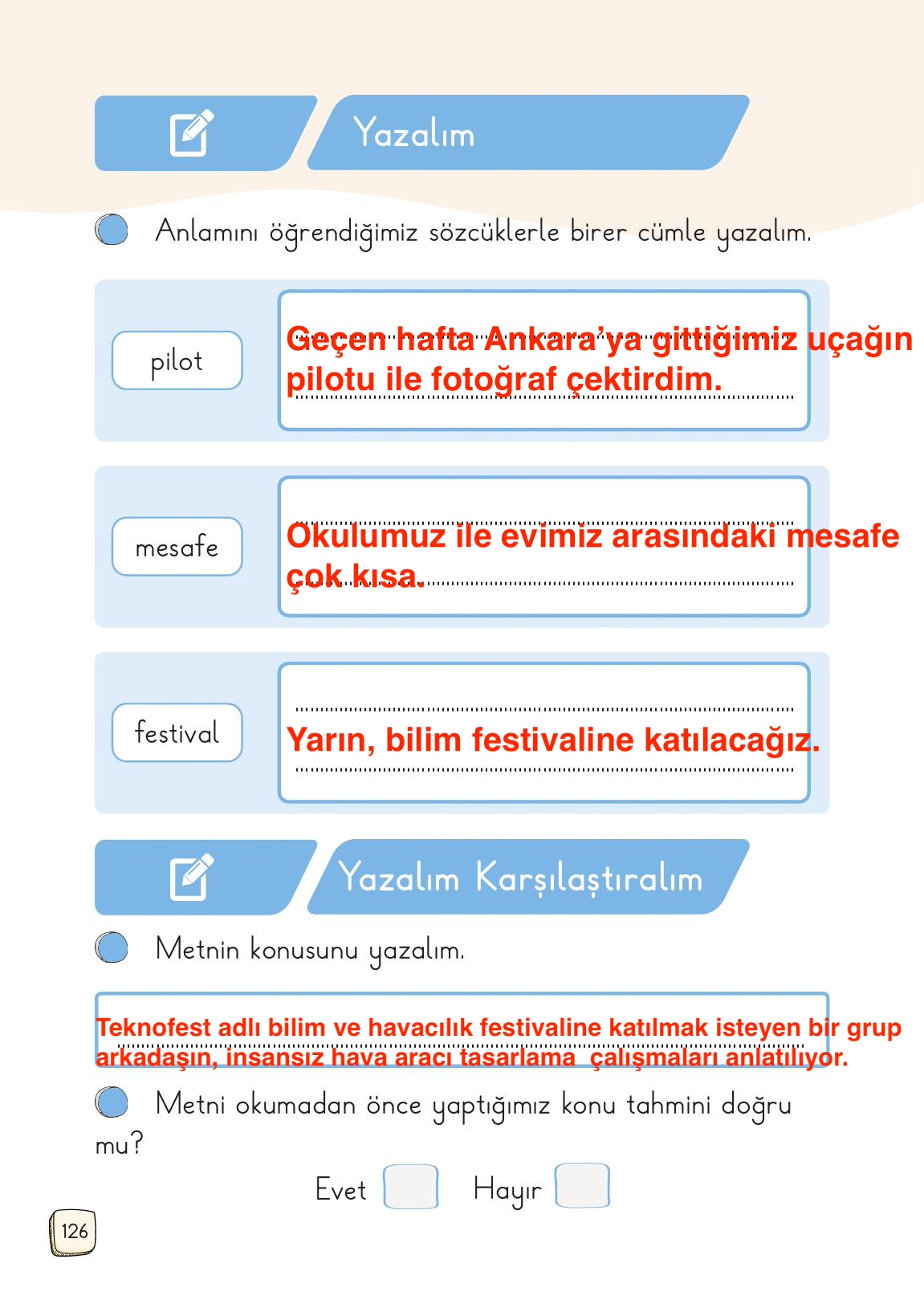 1. Sınıf Meb Yayınları Türkçe Ders Kitabı 1. Kitap Sayfa 126 Cevapları