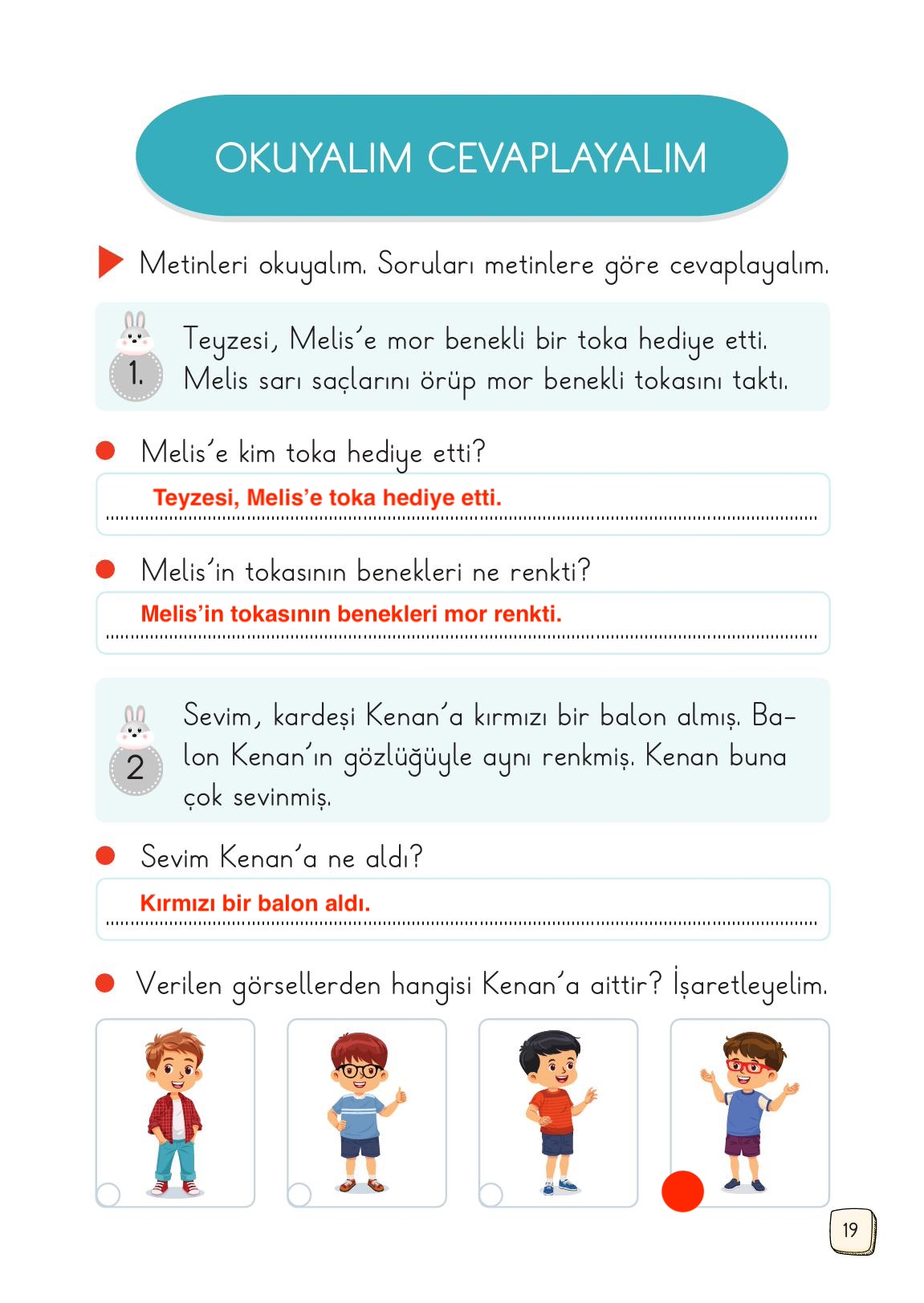 1. Sınıf Meb Yayınları Türkçe Ders Kitabı 1. Kitap Sayfa 19 Cevapları