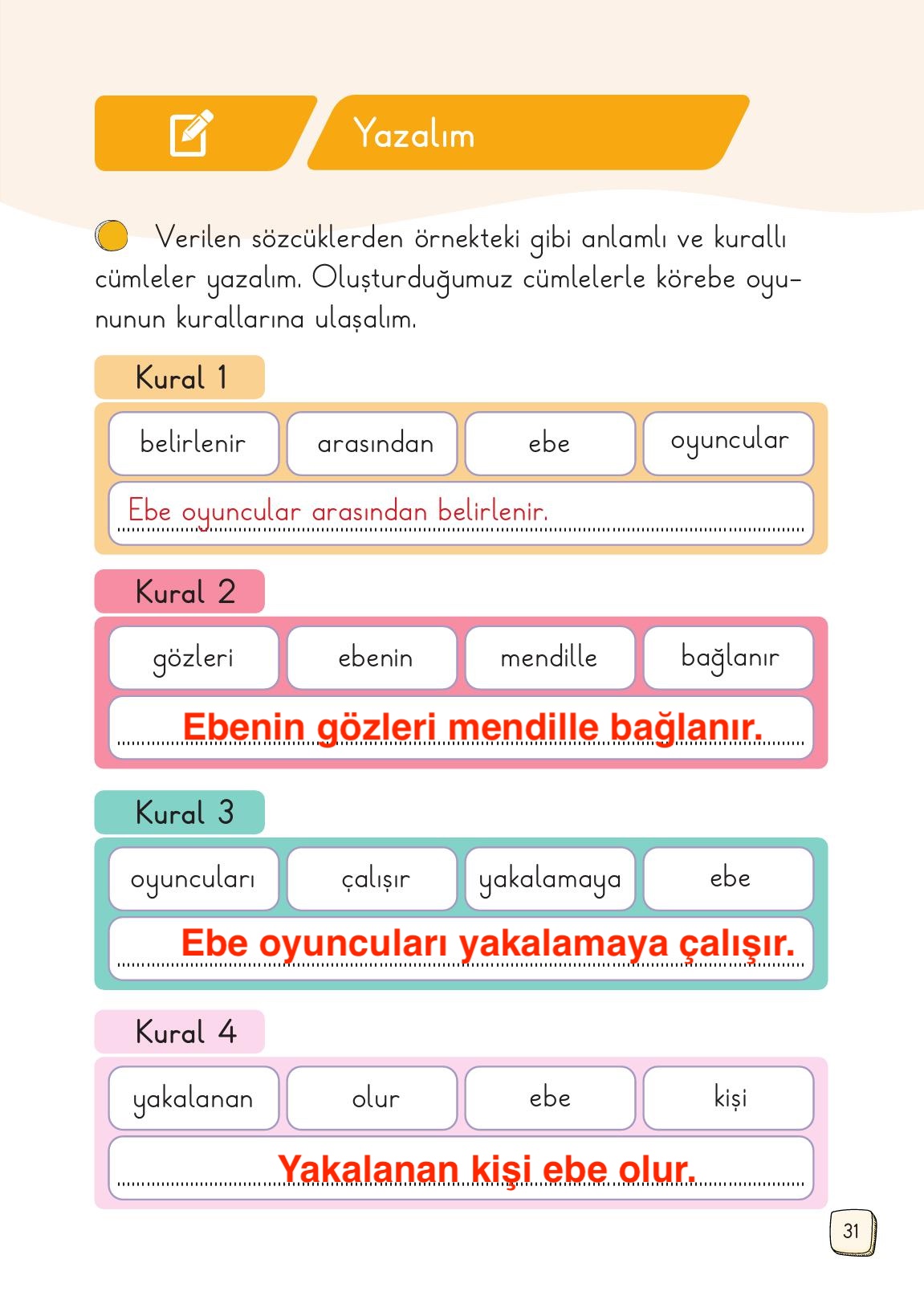 1. Sınıf Meb Yayınları Türkçe Ders Kitabı 1. Kitap Sayfa 31 Cevapları