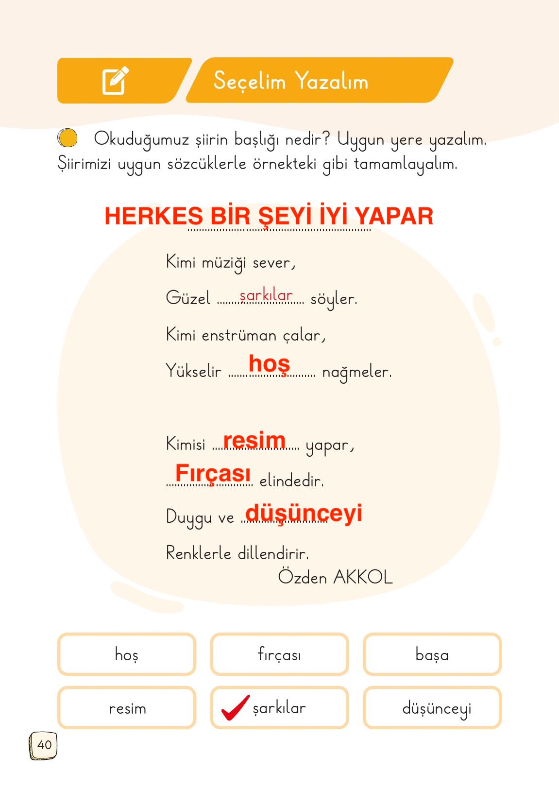 1. Sınıf Meb Yayınları Türkçe Ders Kitabı 1. Kitap Sayfa 40 Cevapları