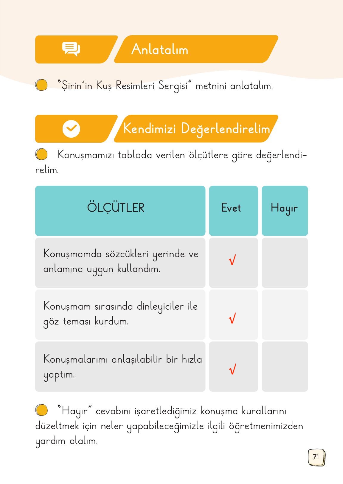1. Sınıf Meb Yayınları Türkçe Ders Kitabı 1. Kitap Sayfa 71 Cevapları