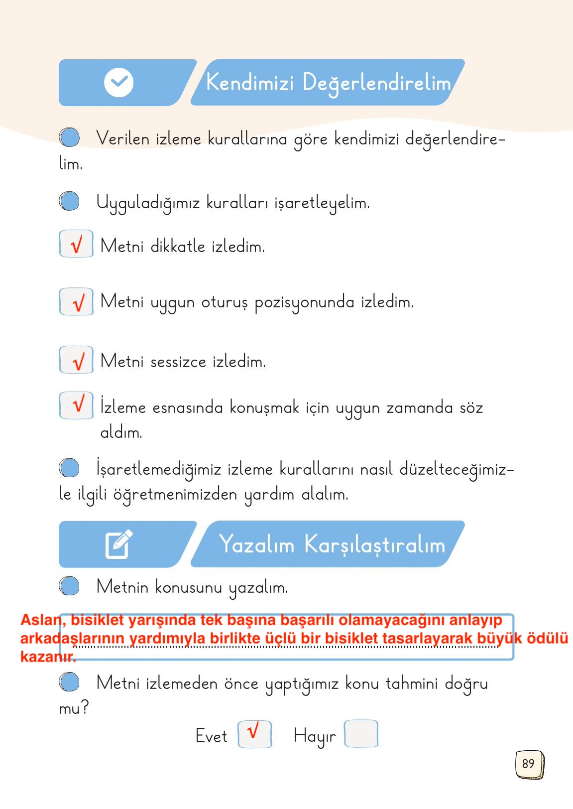 1. Sınıf Meb Yayınları Türkçe Ders Kitabı 1. Kitap Sayfa 89 Cevapları